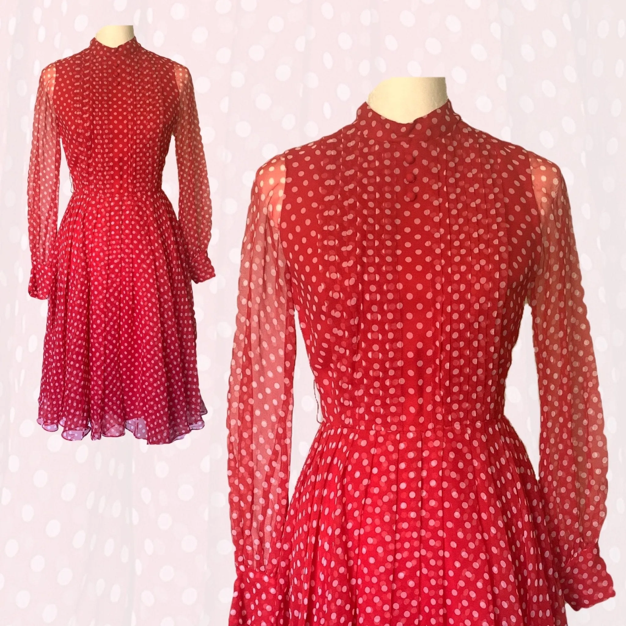 1950s Red Polka Dot Chiffon Dress by Jack Bryan with Micro Pleating. Perfect Summer Party Dress.