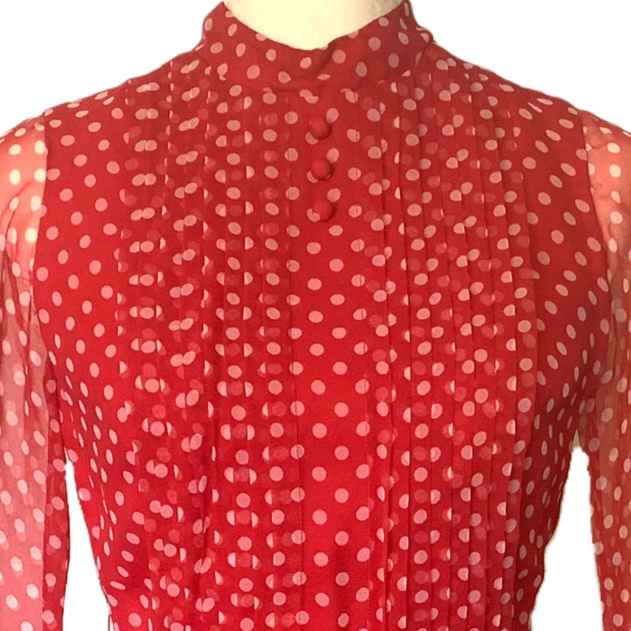 1950s Red Polka Dot Chiffon Dress by Jack Bryan with Micro Pleating. Perfect Summer Party Dress.