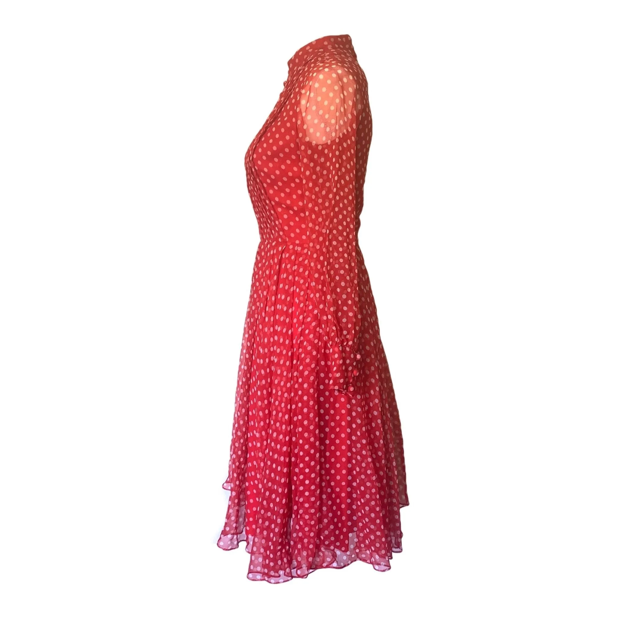 1950s Red Polka Dot Chiffon Dress by Jack Bryan with Micro Pleating. Perfect Summer Party Dress.