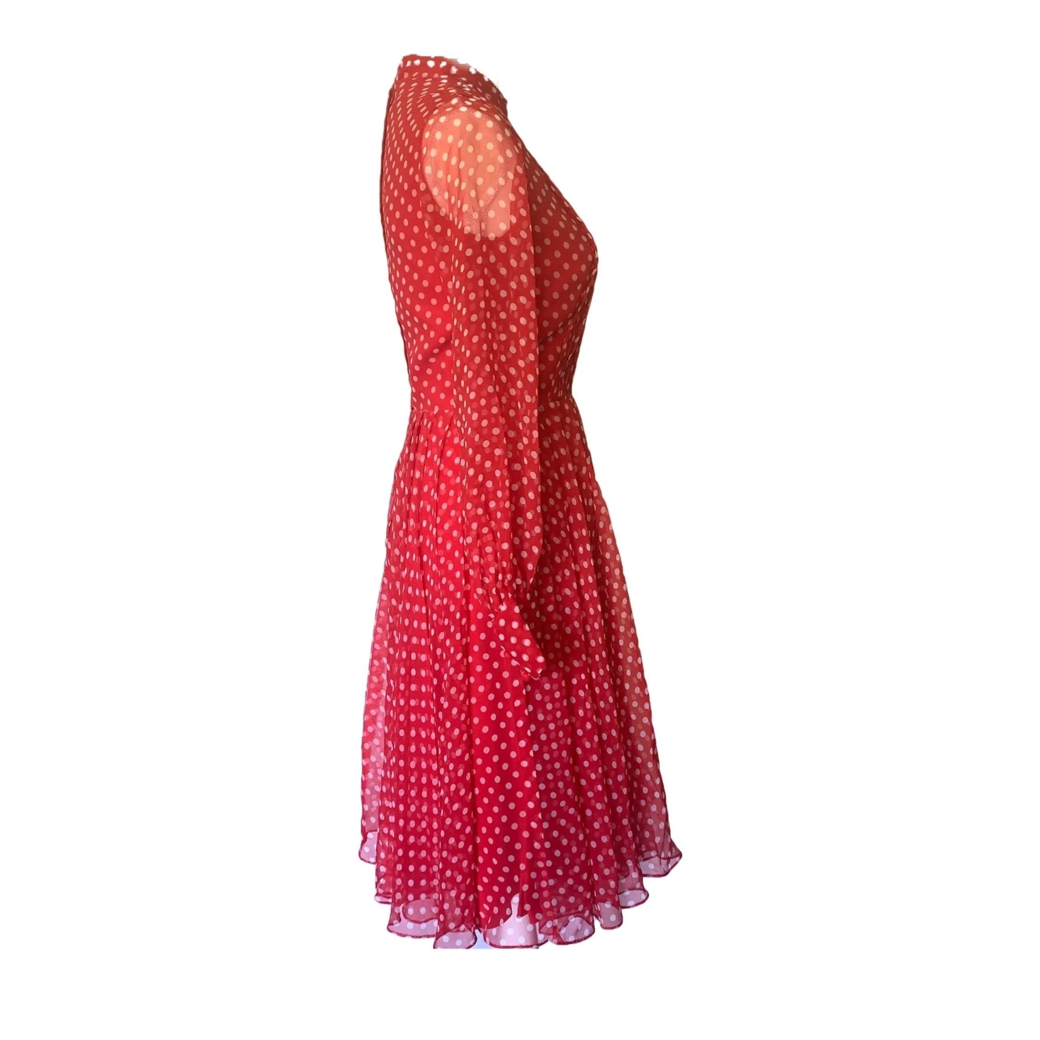 1950s Red Polka Dot Chiffon Dress by Jack Bryan with Micro Pleating. Perfect Summer Party Dress.