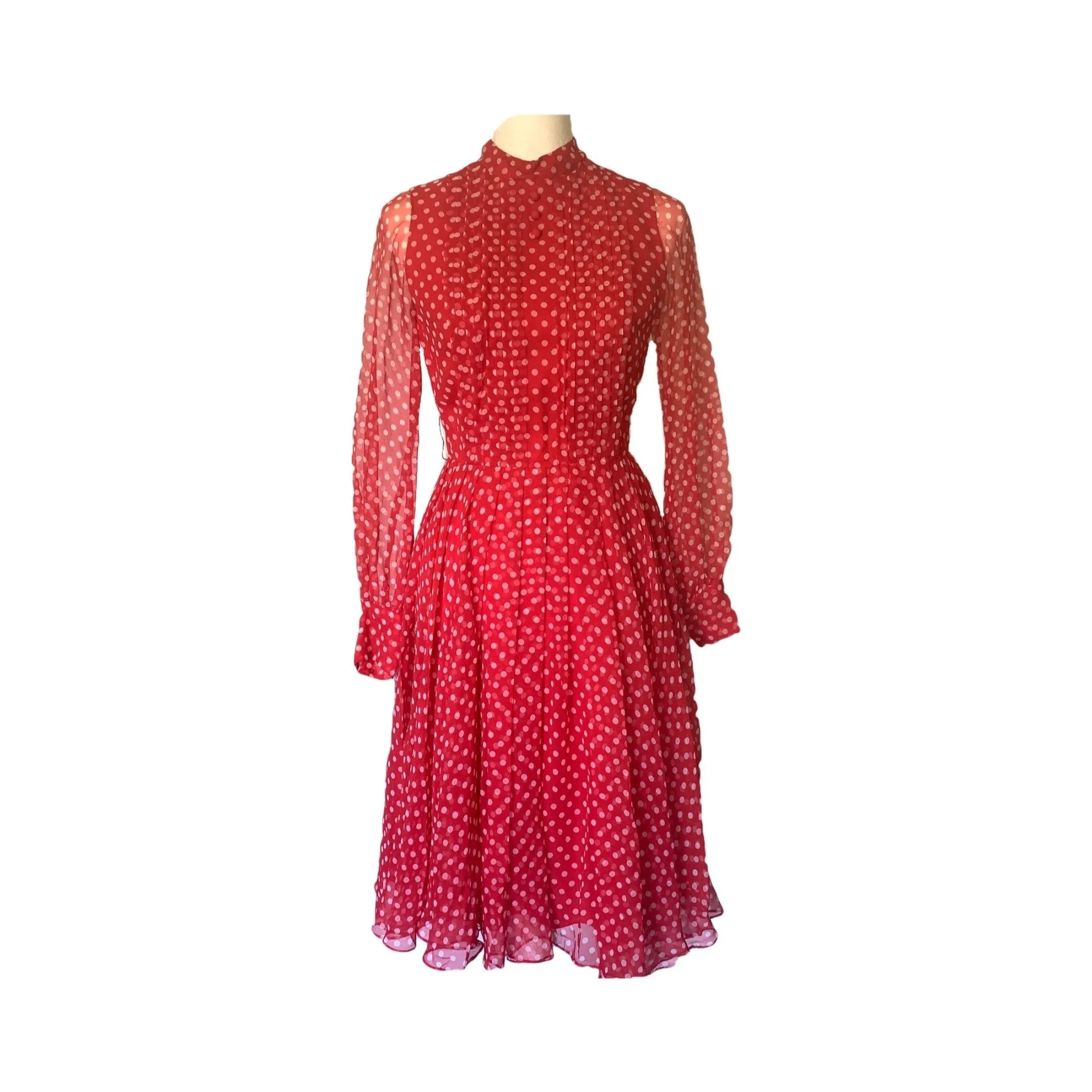 1950s Red Polka Dot Chiffon Dress by Jack Bryan with Micro Pleating. Perfect Summer Party Dress.