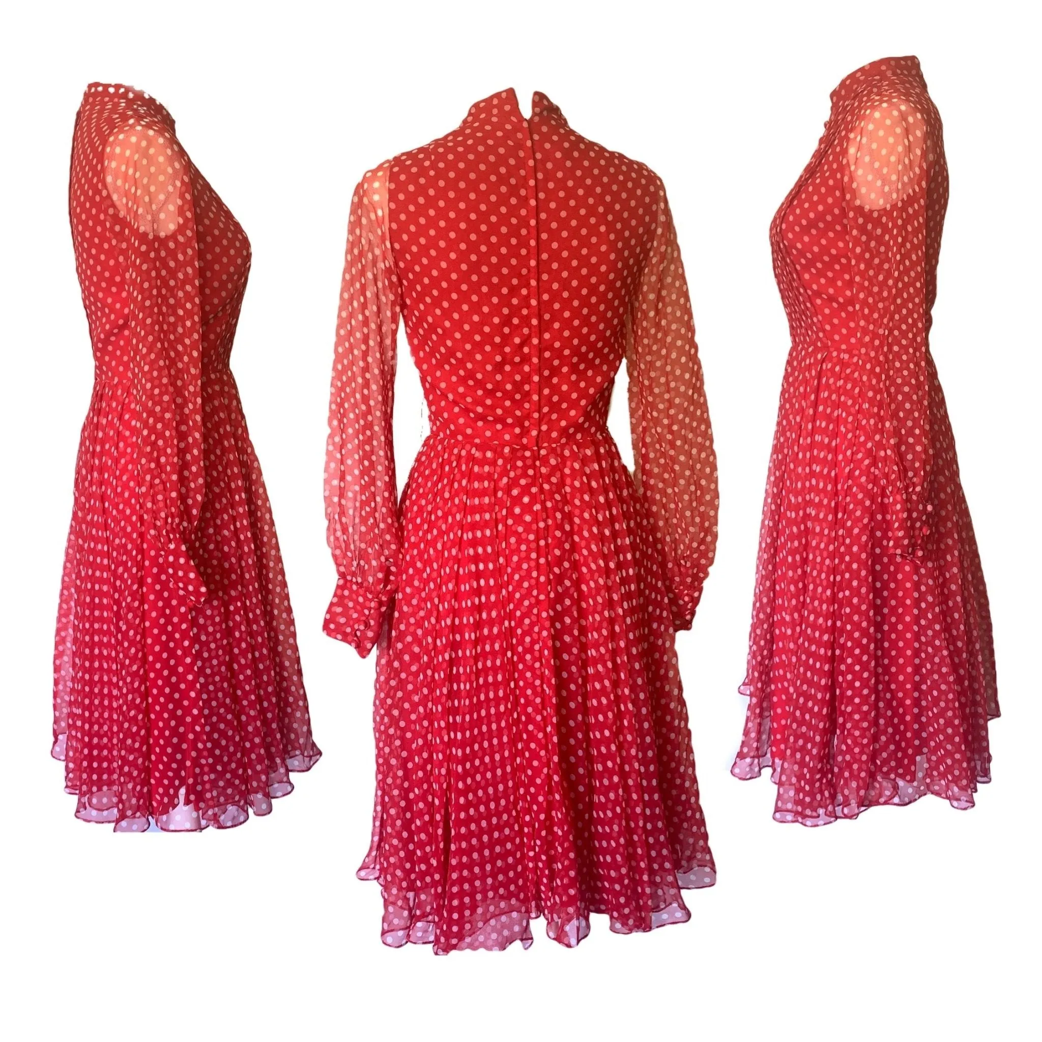 1950s Red Polka Dot Chiffon Dress by Jack Bryan with Micro Pleating. Perfect Summer Party Dress.