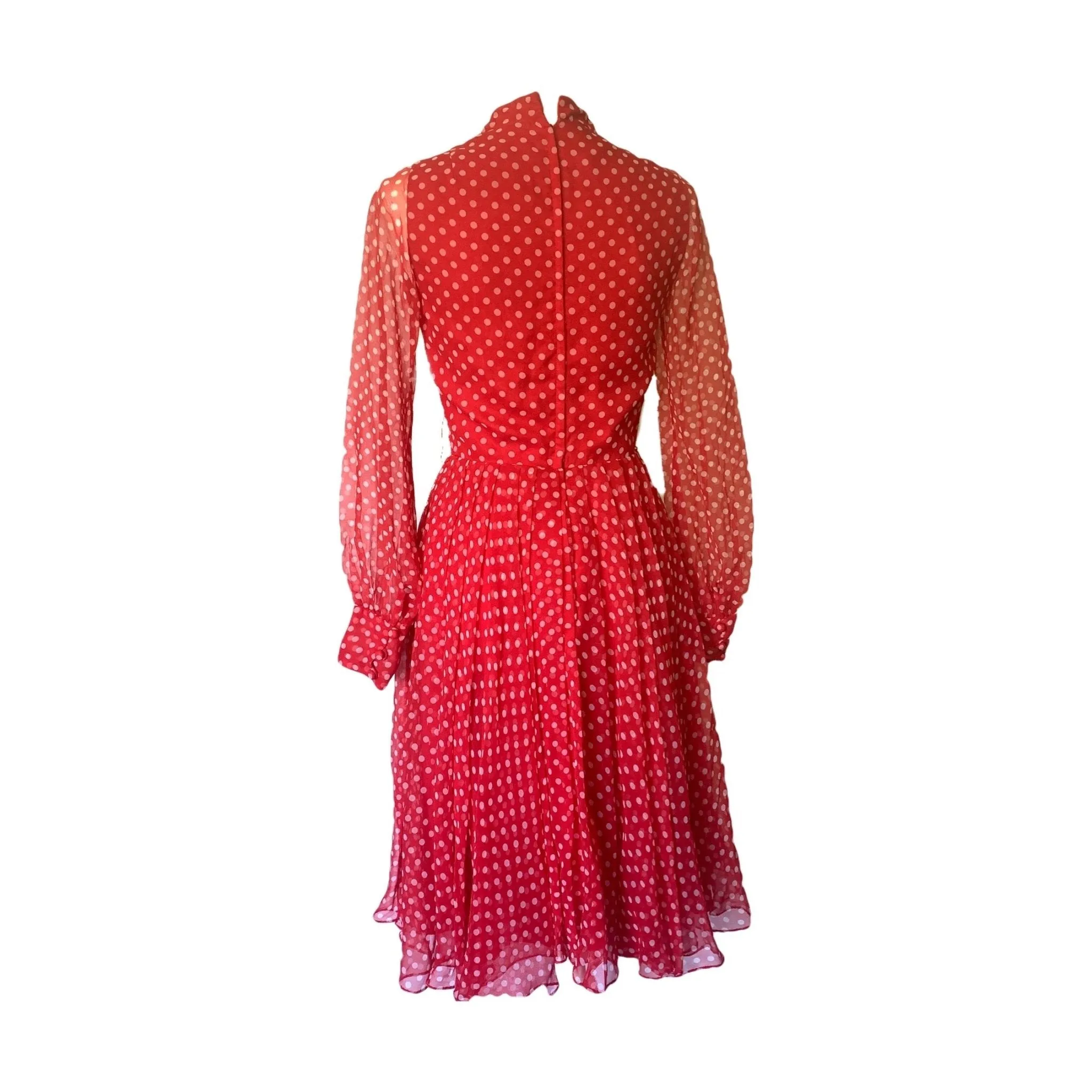 1950s Red Polka Dot Chiffon Dress by Jack Bryan with Micro Pleating. Perfect Summer Party Dress.