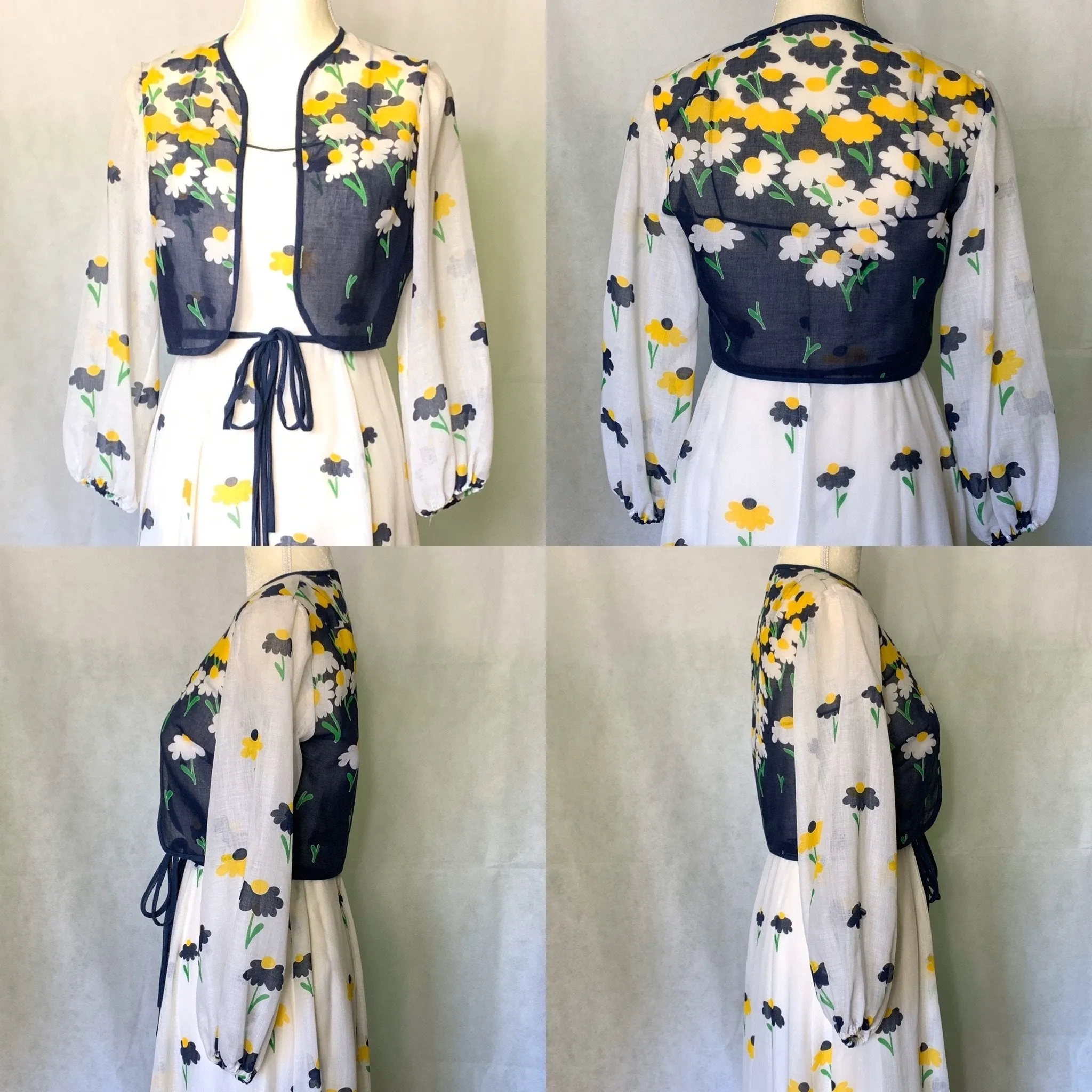 1960s Floral Summer Maxi Dress by Miss Elliette with Capelet. Blue and Yellow Daisies Flower Pattern.