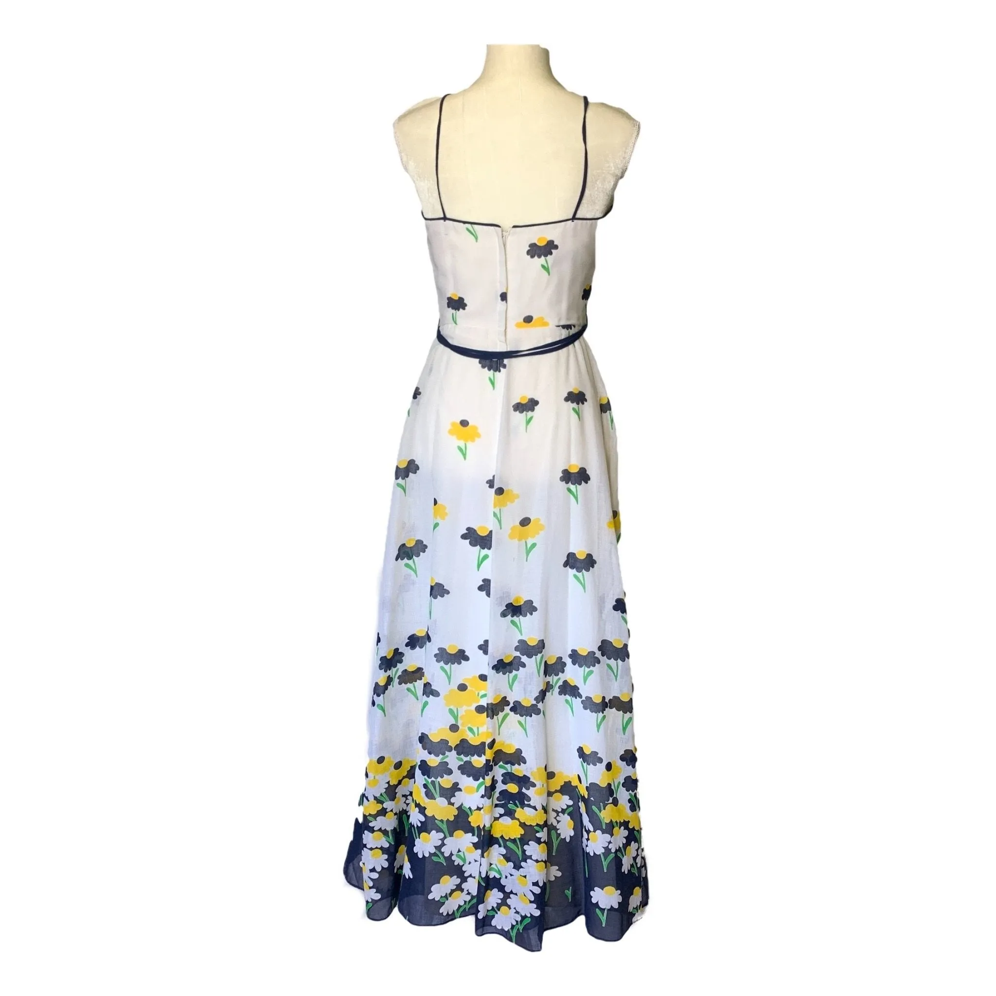 1960s Floral Summer Maxi Dress by Miss Elliette with Capelet. Blue and Yellow Daisies Flower Pattern.