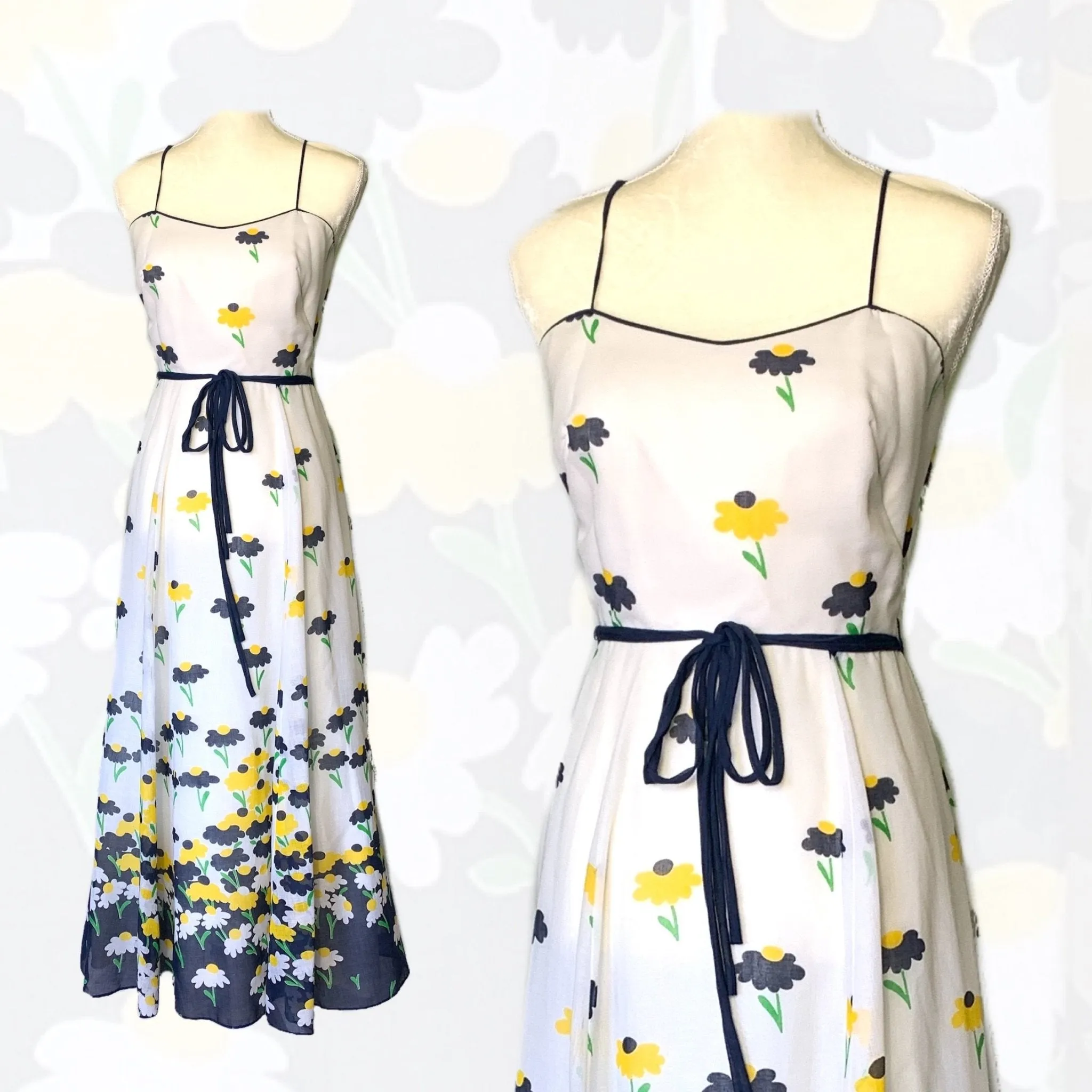 1960s Floral Summer Maxi Dress by Miss Elliette with Capelet. Blue and Yellow Daisies Flower Pattern.