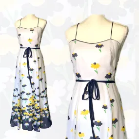 1960s Floral Summer Maxi Dress by Miss Elliette with Capelet. Blue and Yellow Daisies Flower Pattern.