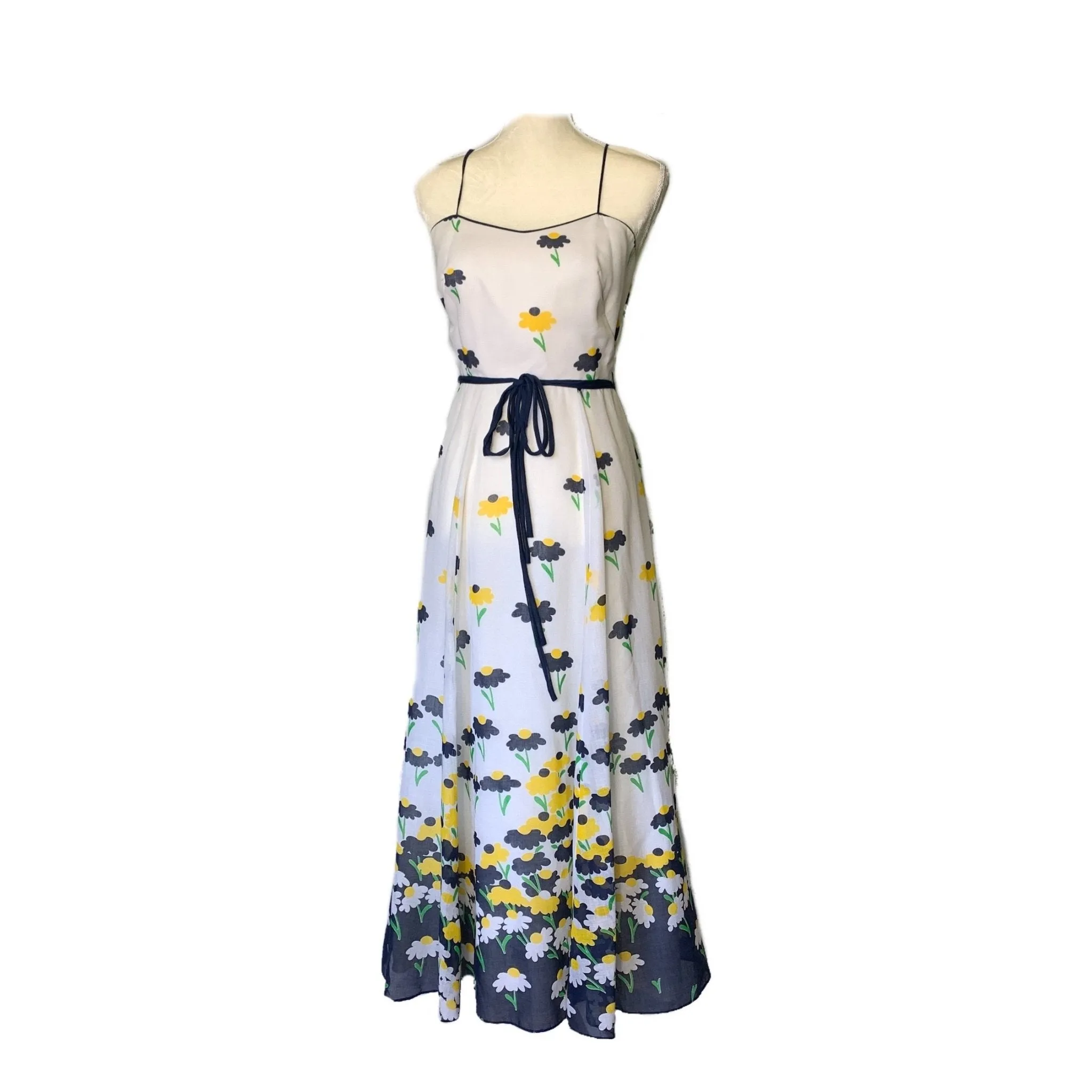 1960s Floral Summer Maxi Dress by Miss Elliette with Capelet. Blue and Yellow Daisies Flower Pattern.