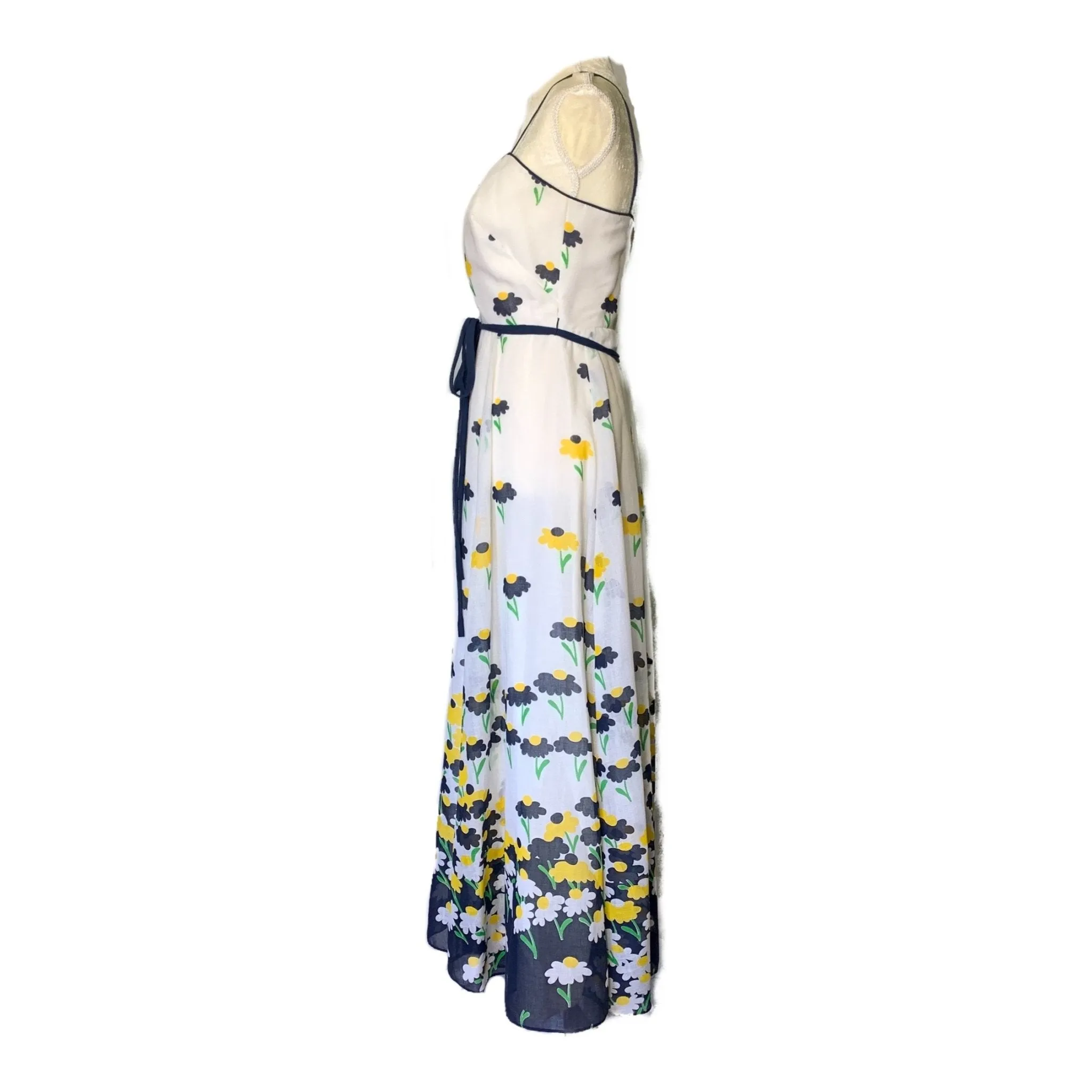 1960s Floral Summer Maxi Dress by Miss Elliette with Capelet. Blue and Yellow Daisies Flower Pattern.