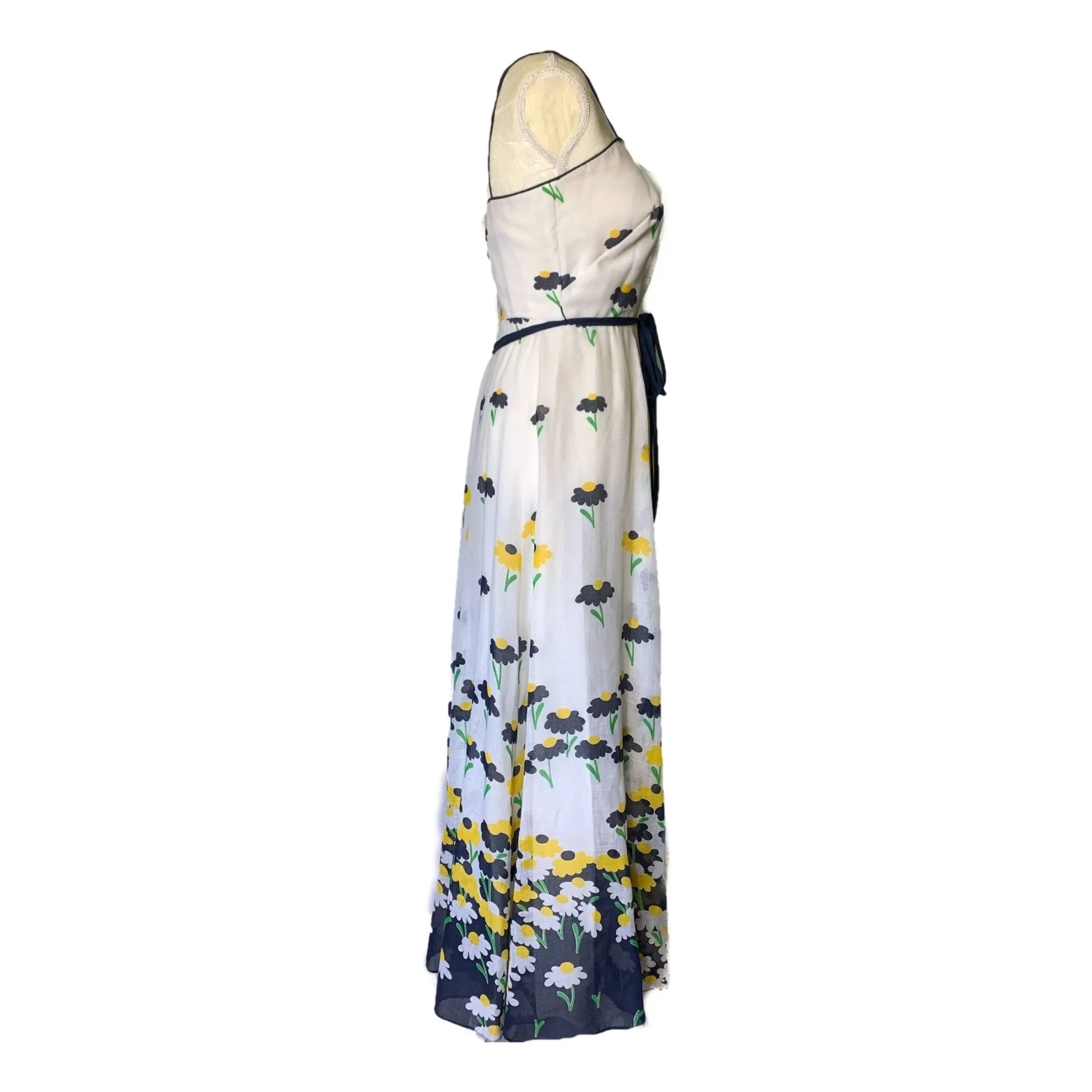 1960s Floral Summer Maxi Dress by Miss Elliette with Capelet. Blue and Yellow Daisies Flower Pattern.