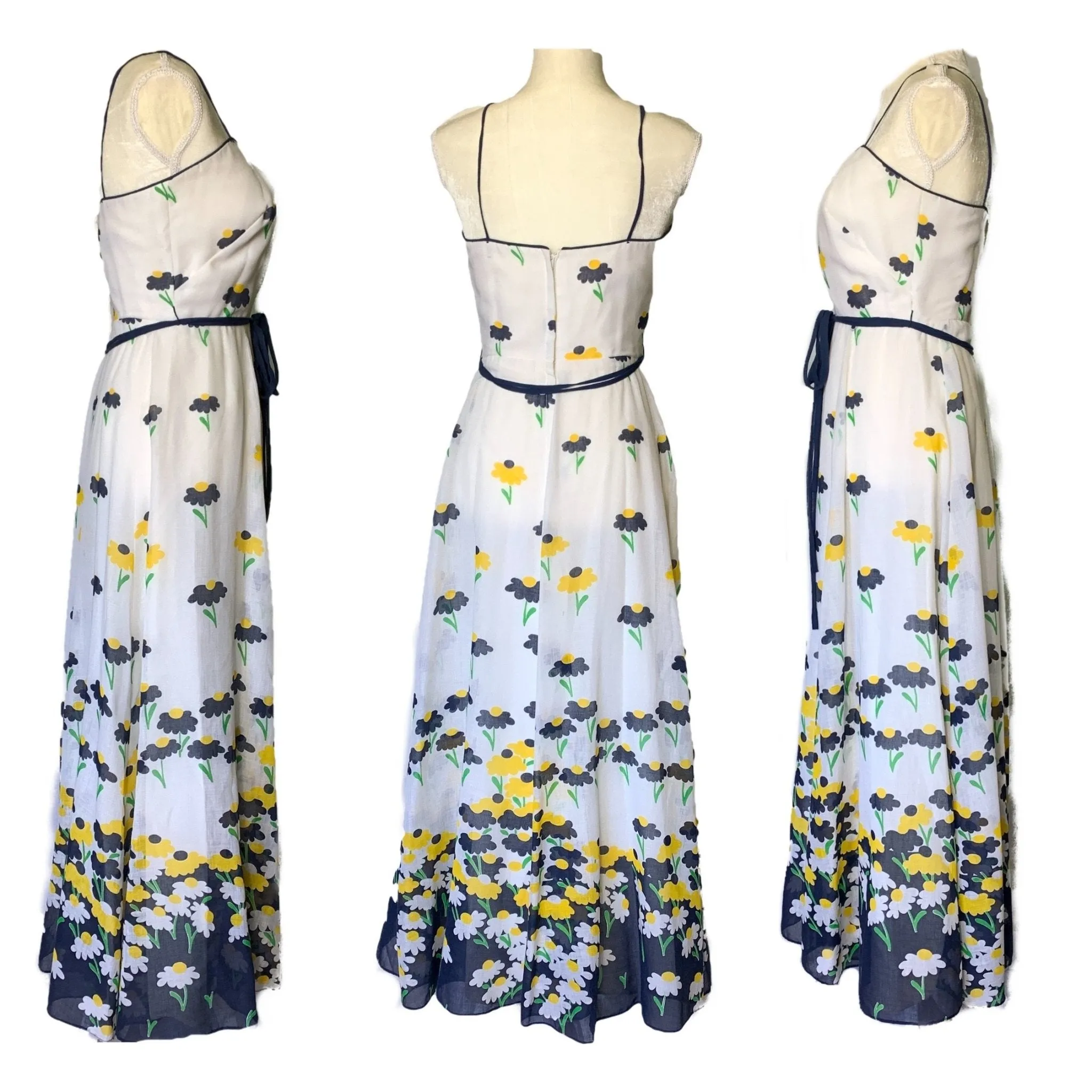 1960s Floral Summer Maxi Dress by Miss Elliette with Capelet. Blue and Yellow Daisies Flower Pattern.