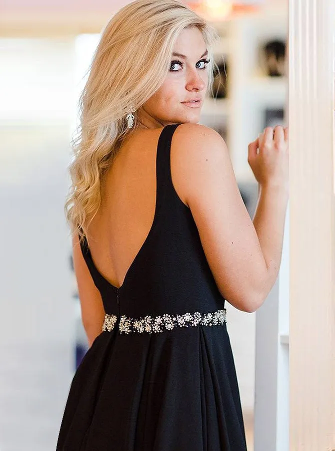 A-line Deep V-neck Backless Black Homecoming Dresses With Belt, HD0552