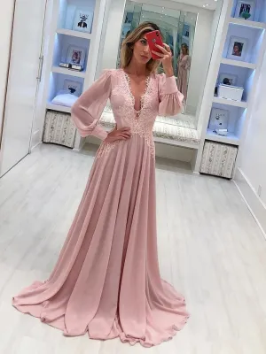 A-line Deep V-neck Long Sleeves Long Lace Pink Chiffon Prom Dresses, PD0771