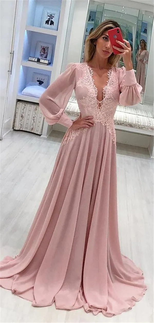 A-line Deep V-neck Long Sleeves Long Lace Pink Chiffon Prom Dresses, PD0771