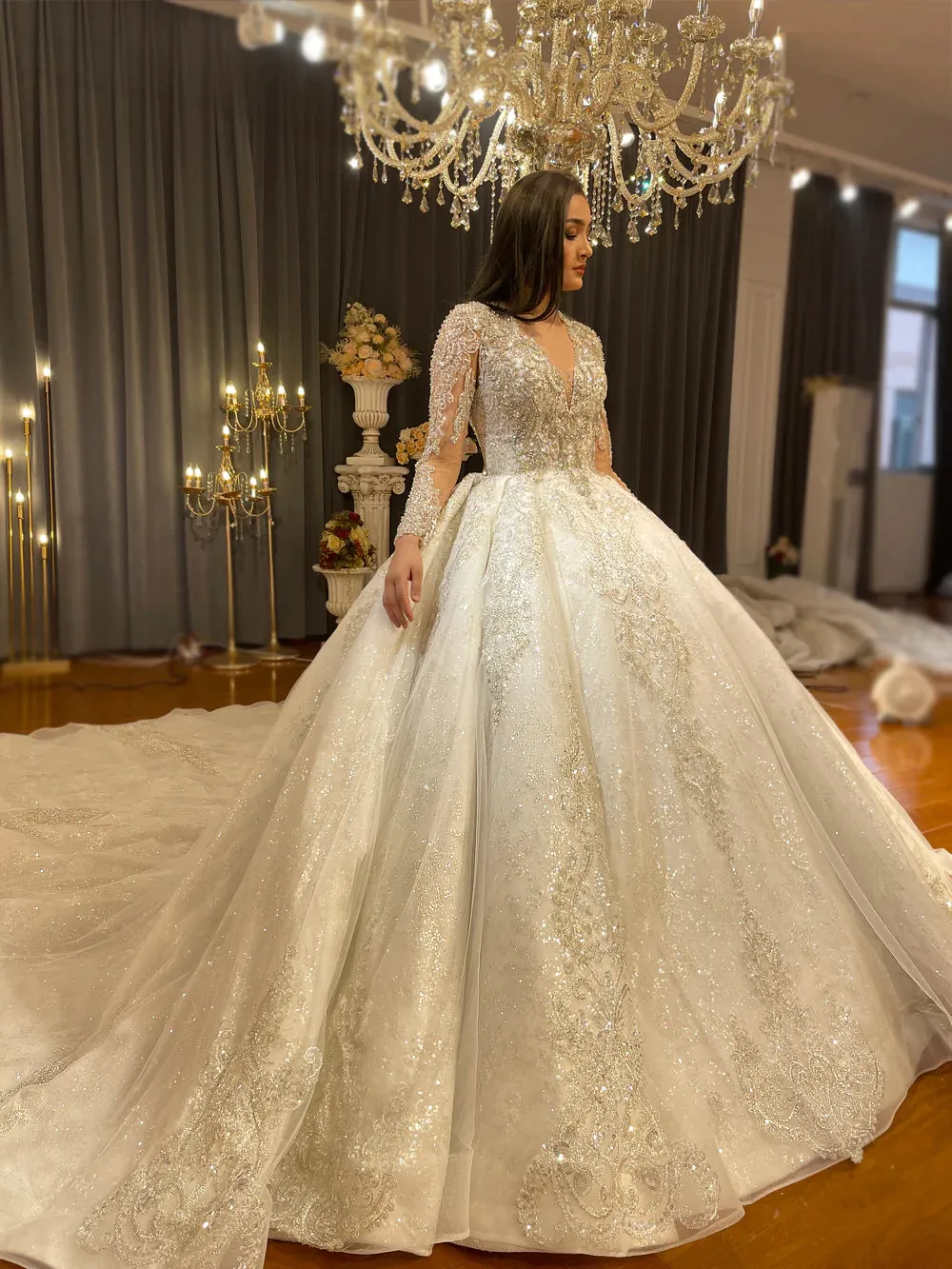 Affordable Luxury Custom Made Ball Gown Wedding Dress Hand Beaded illusion Low back Wedding dress