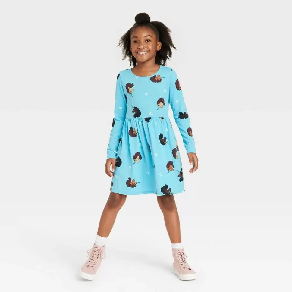 Afro Unicorn Long Sleeve Dress - Aqua Blue