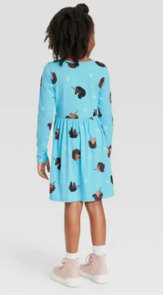 Afro Unicorn Long Sleeve Dress - Aqua Blue