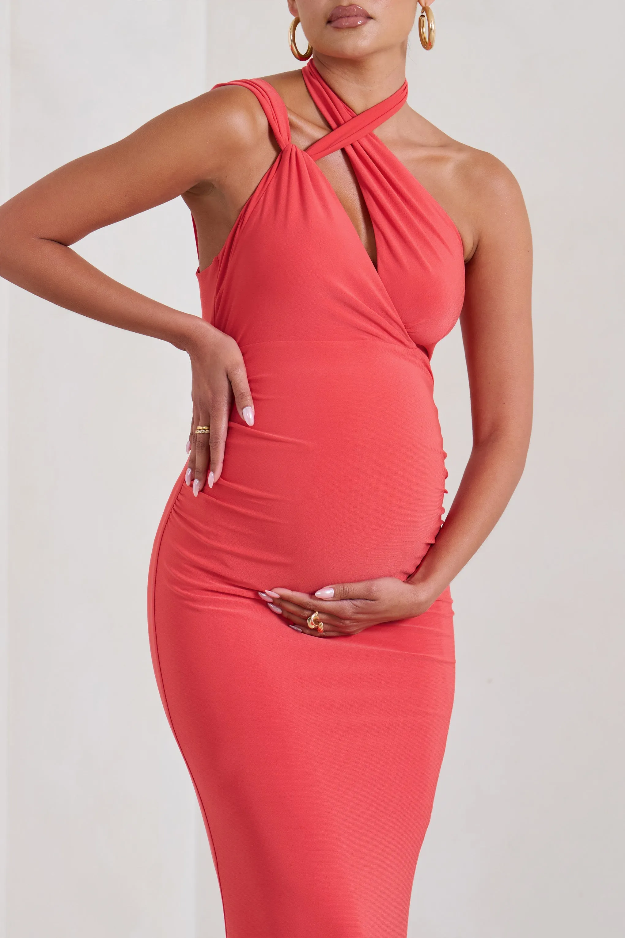 Alba | Coral Maternity Halter Asymmetric Maxi Dress with Cut Out