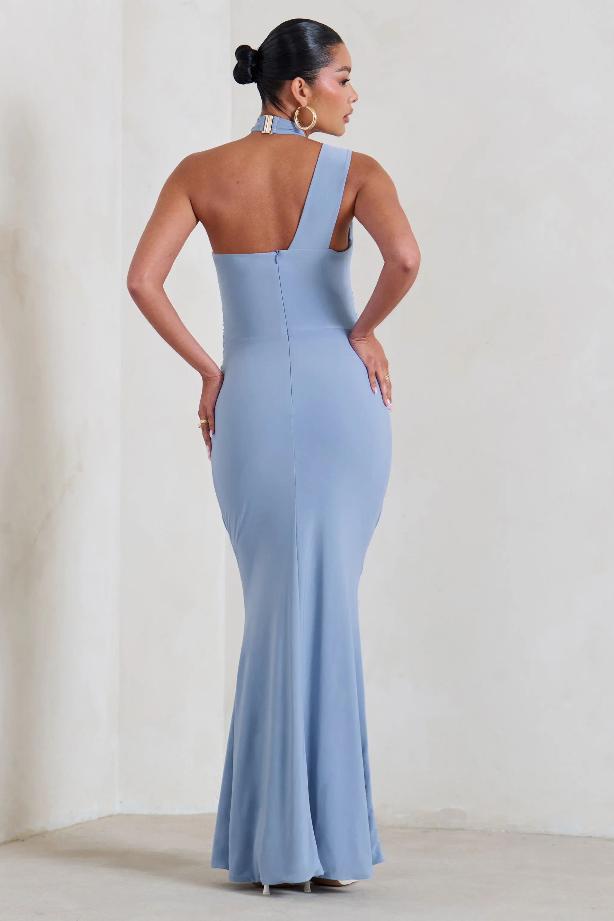 Alba | Powder Blue Maternity Halter Asymmetric Maxi Dress with Cut Out