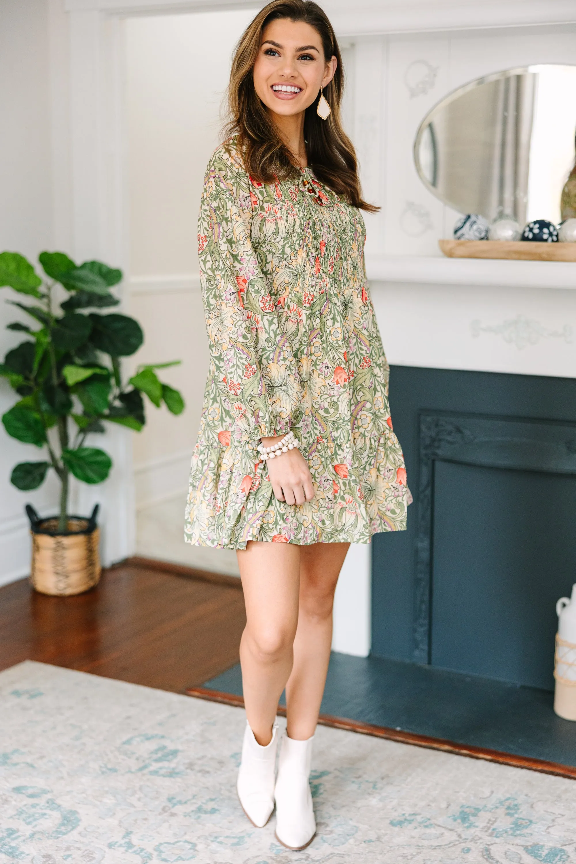 All For Love Olive Green Floral Dress