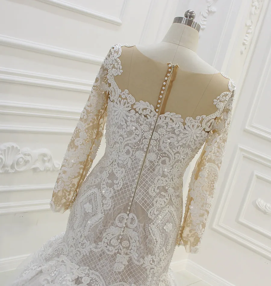 AM036 O-Neck Long Sleeve Shiny Pearls Champagne Mermaid Wedding Dress