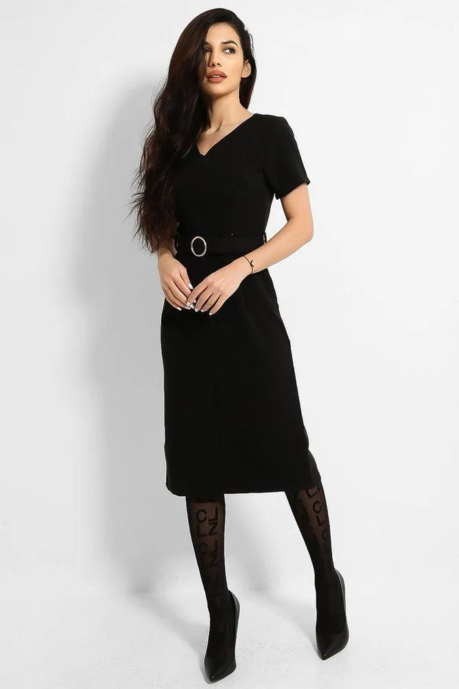 Black O-Ring Belt V-Neck Midi Dress