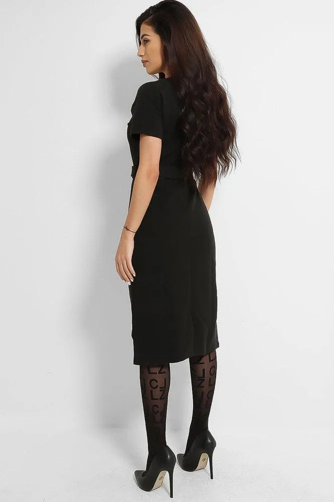 Black O-Ring Belt V-Neck Midi Dress