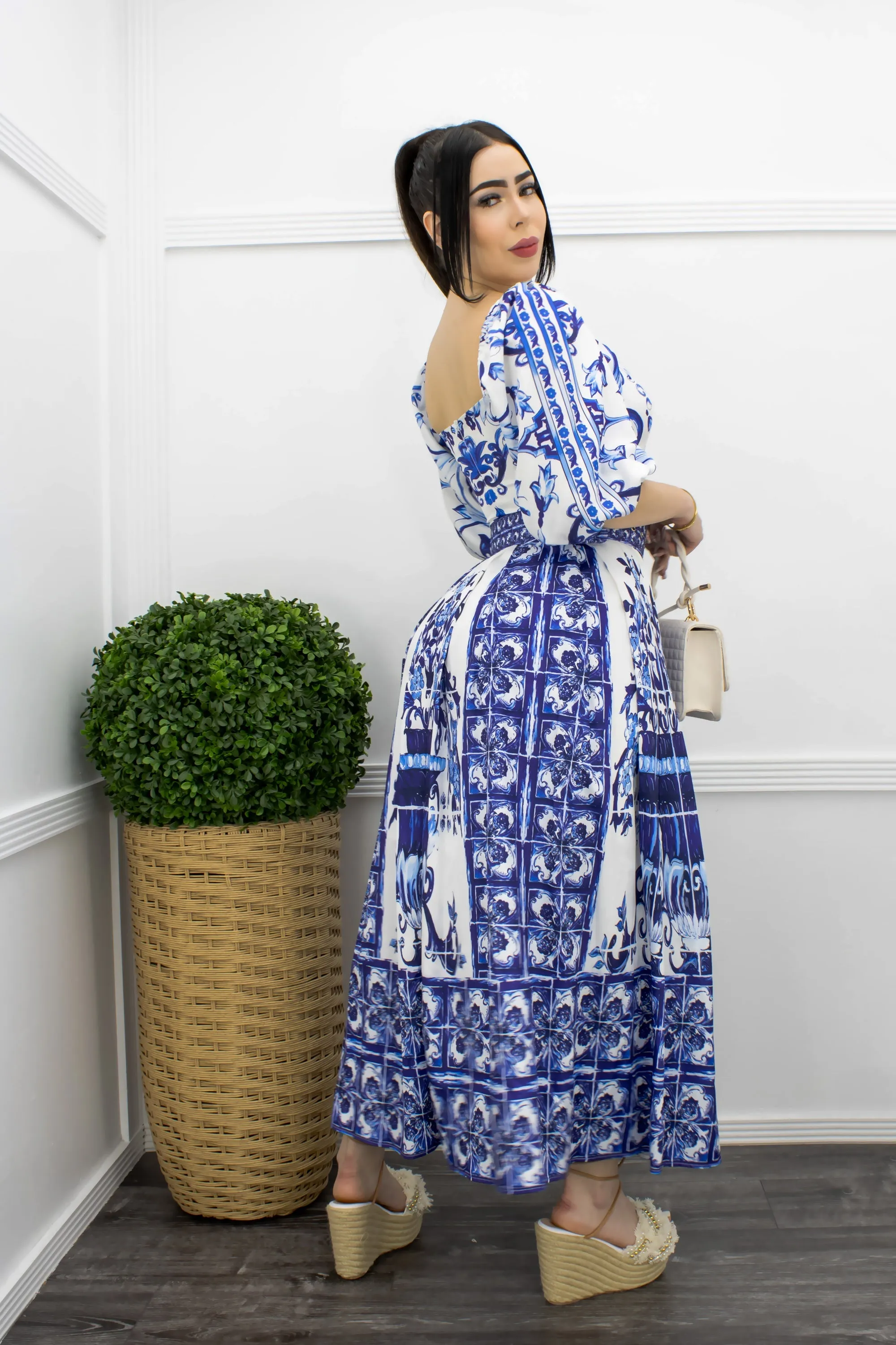 Blue Off Shoulder Belted Maxi Dress