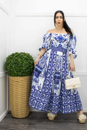 Blue Off Shoulder Belted Maxi Dress