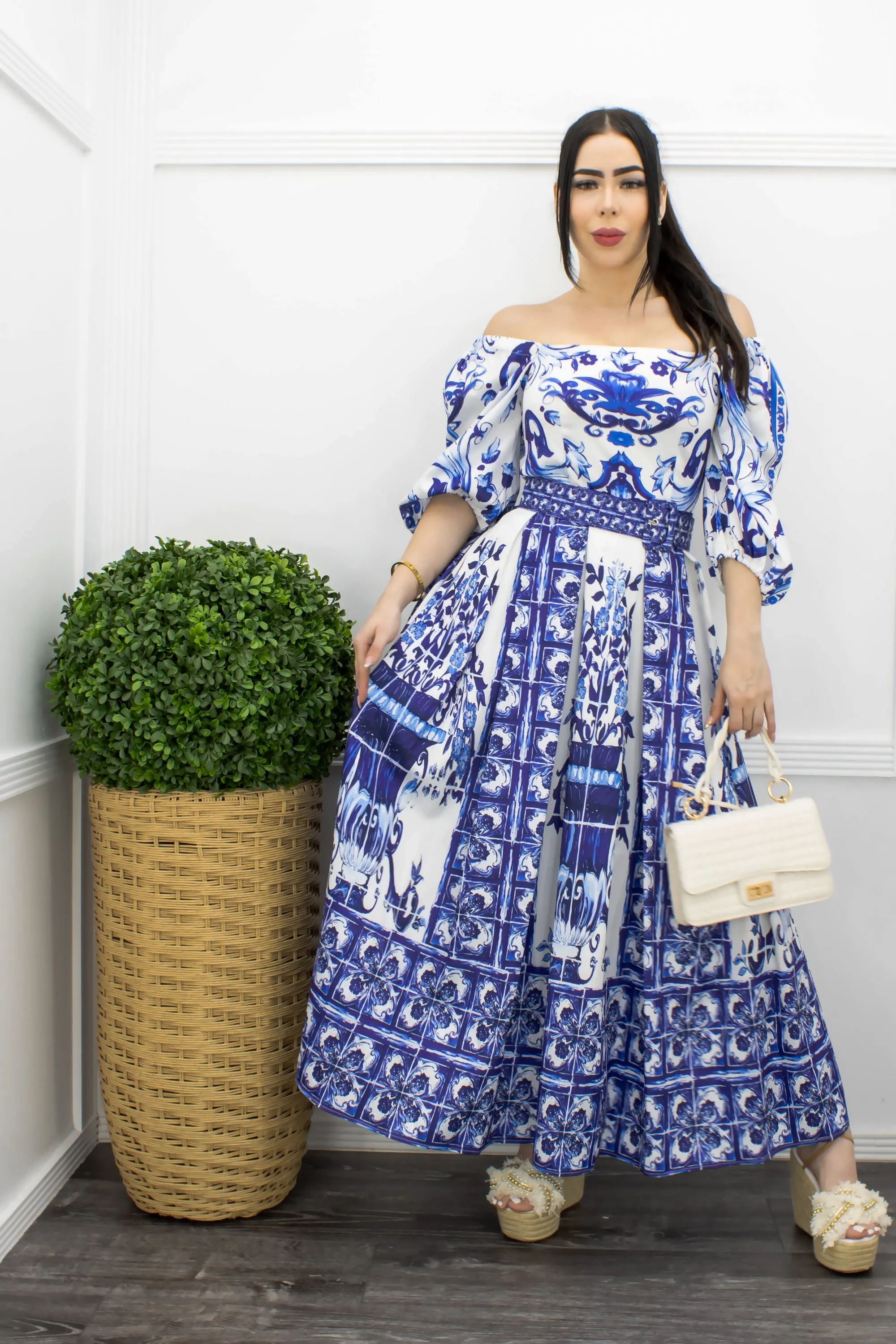 Blue Off Shoulder Belted Maxi Dress