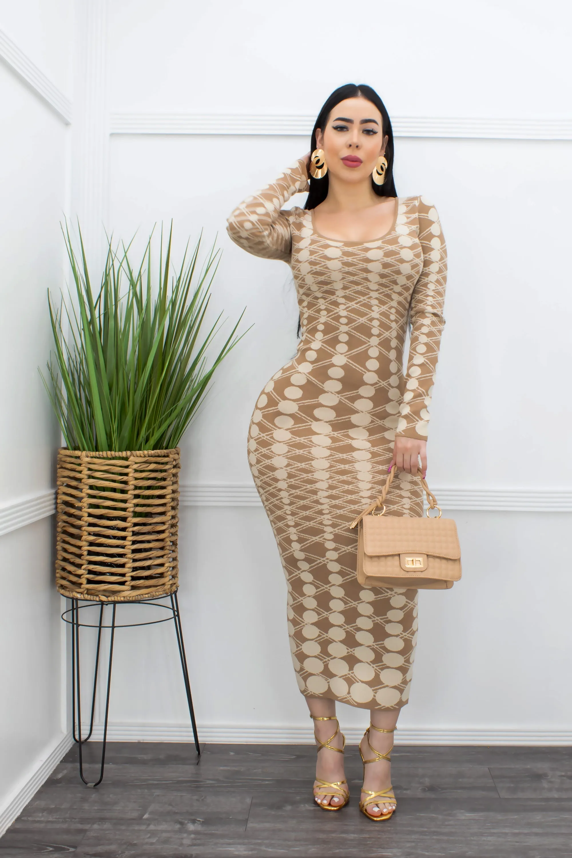 Bodycon Long Sleeve Maxi Dress Tan