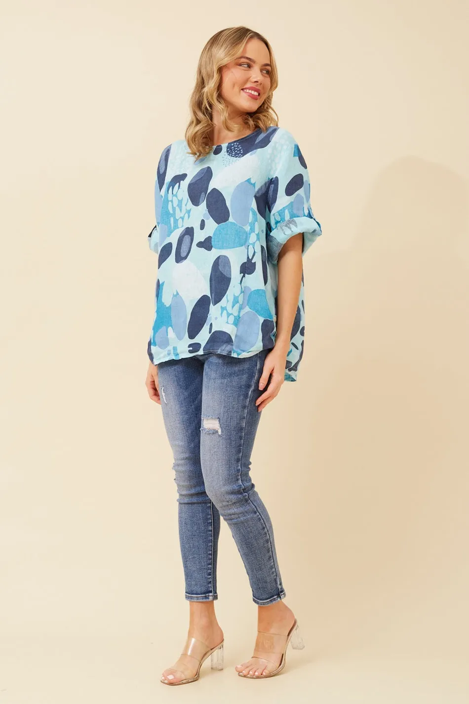 CARMELLA ABSTRACT PRINT LINEN TOP