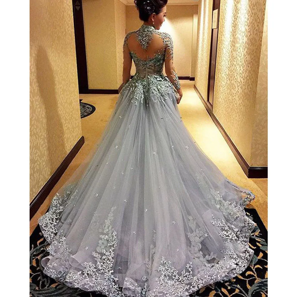 Charming High Neck Long Sleeve See Through Back Grey Affordable Long Prom Dress Gown, WG266