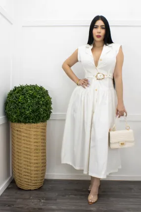 Classy White W Gold Button Belted Maxi Dress