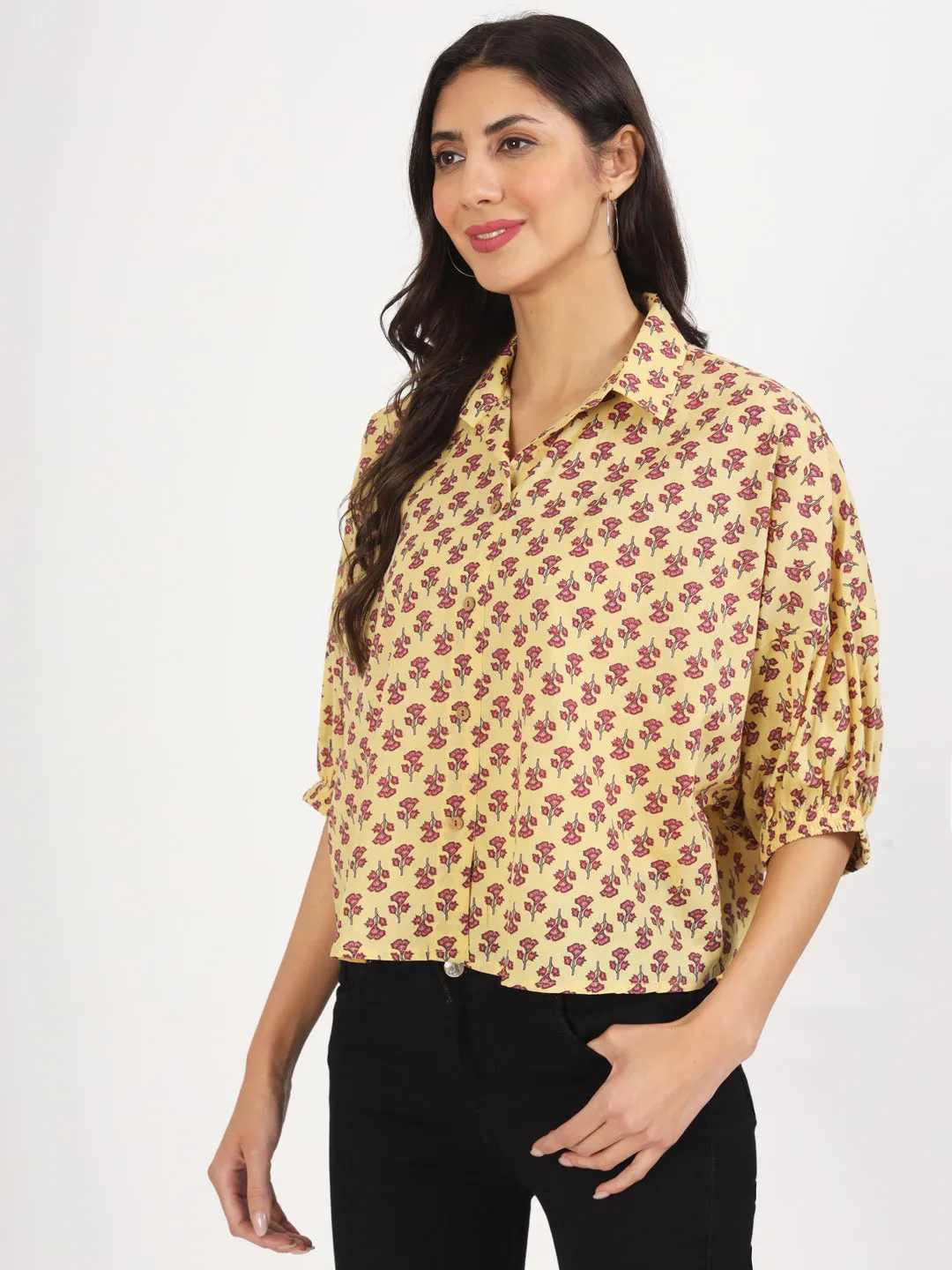 Divena Beige Floral Printed Cotton Tops