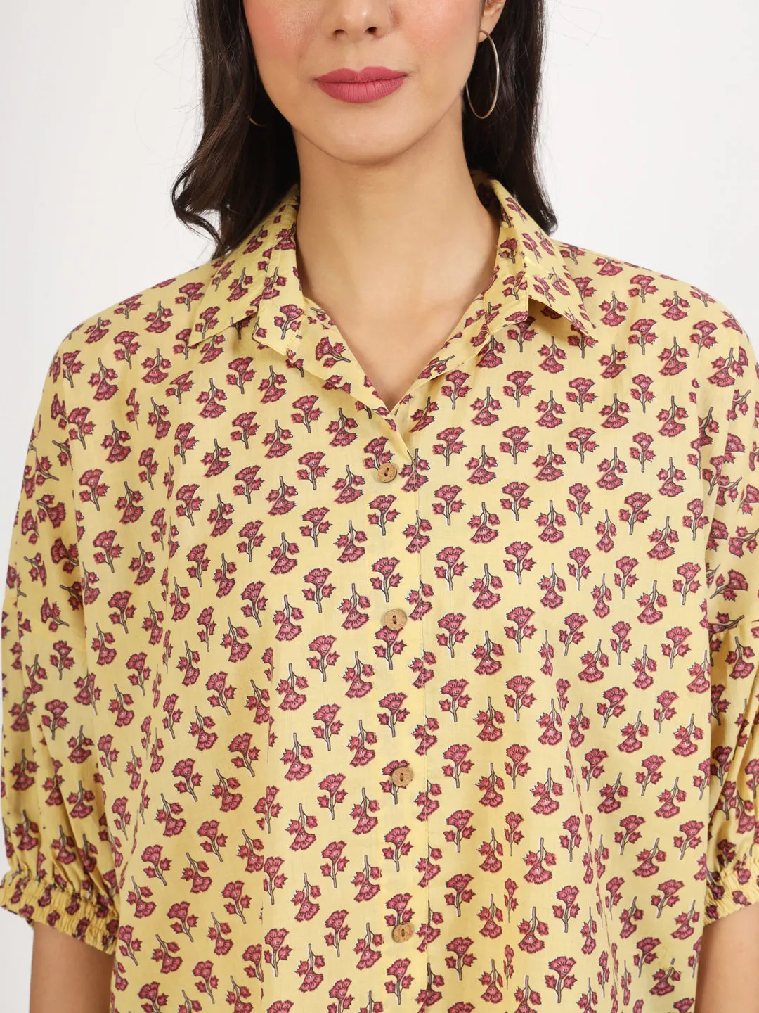 Divena Beige Floral Printed Cotton Tops