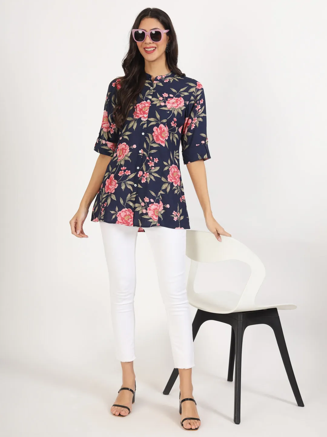 Divena Navy Blue Floral Printed Rayon Top