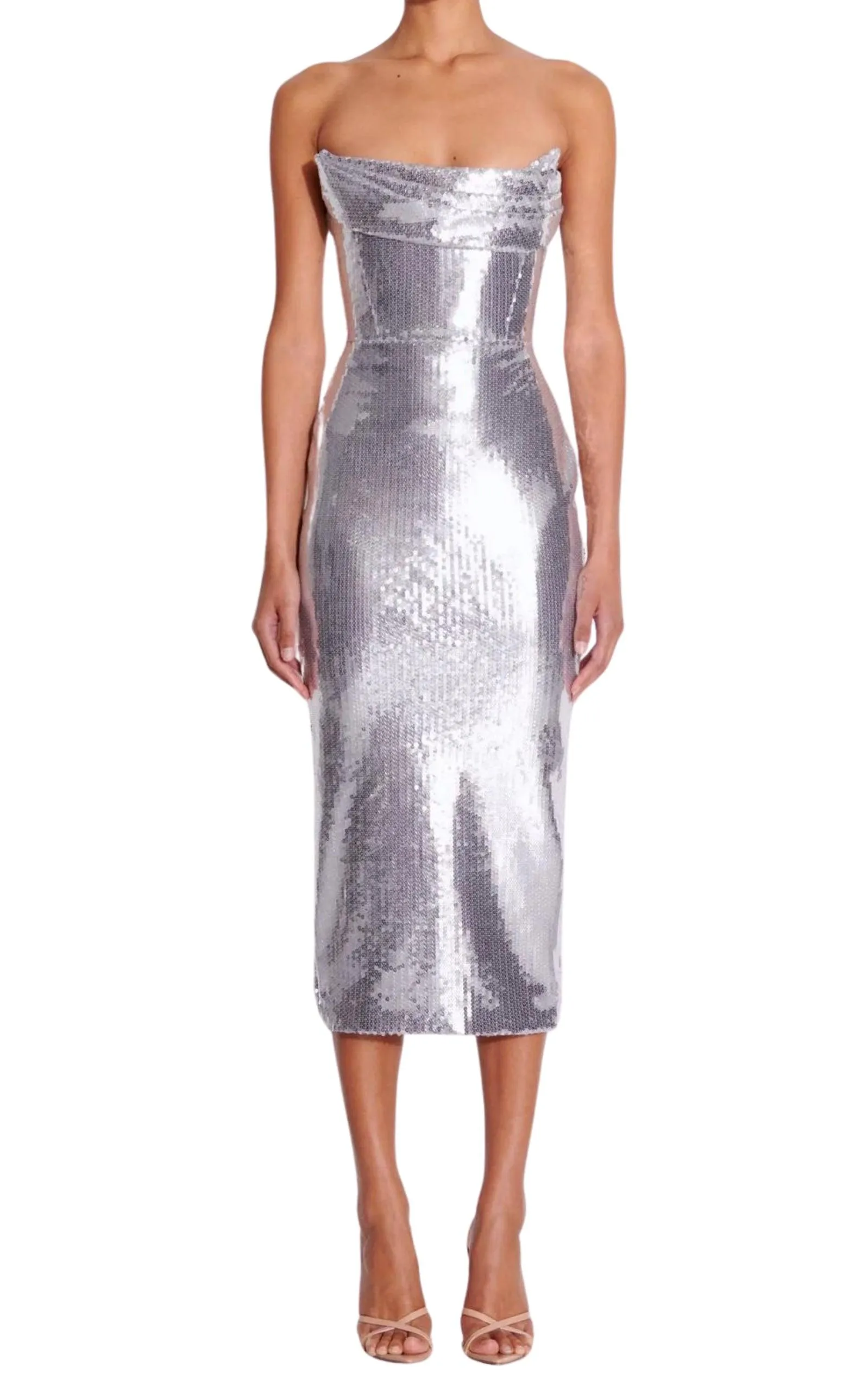 Draped Strapless Sequin Midi Dress