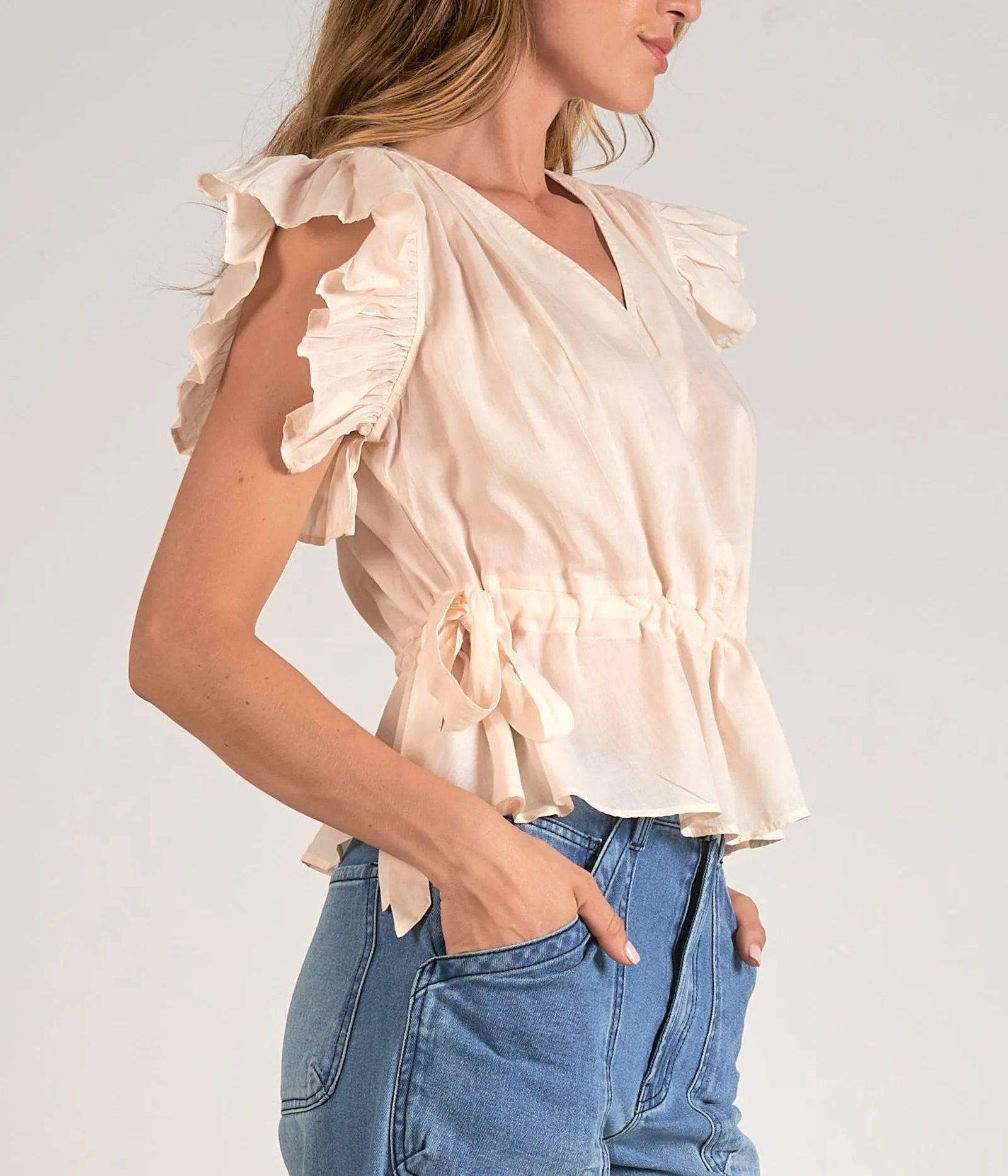 Elan Ruffle Sleeve V-Neck Top