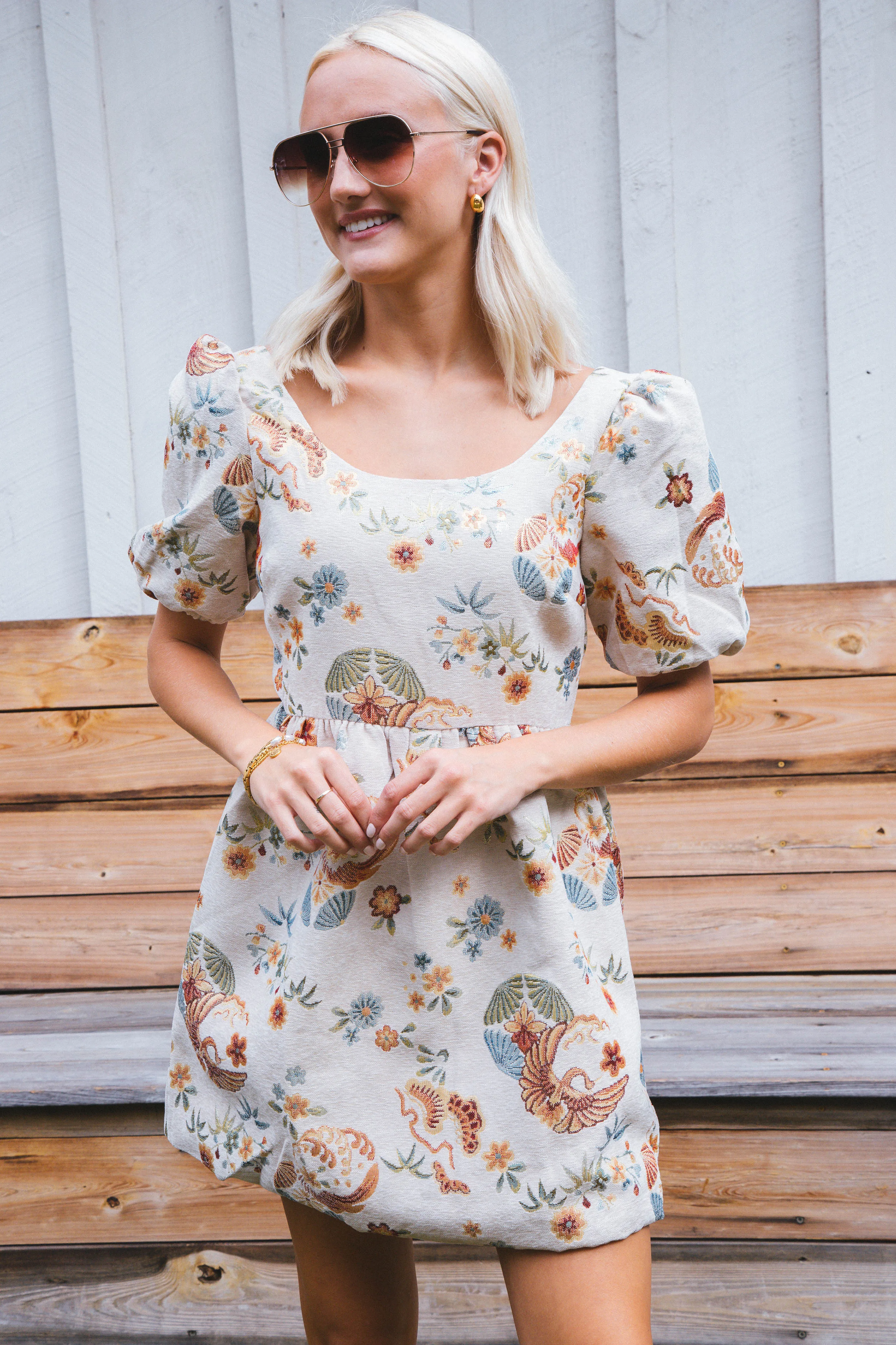 Elenora Floral Mini Dress, Beige Multi