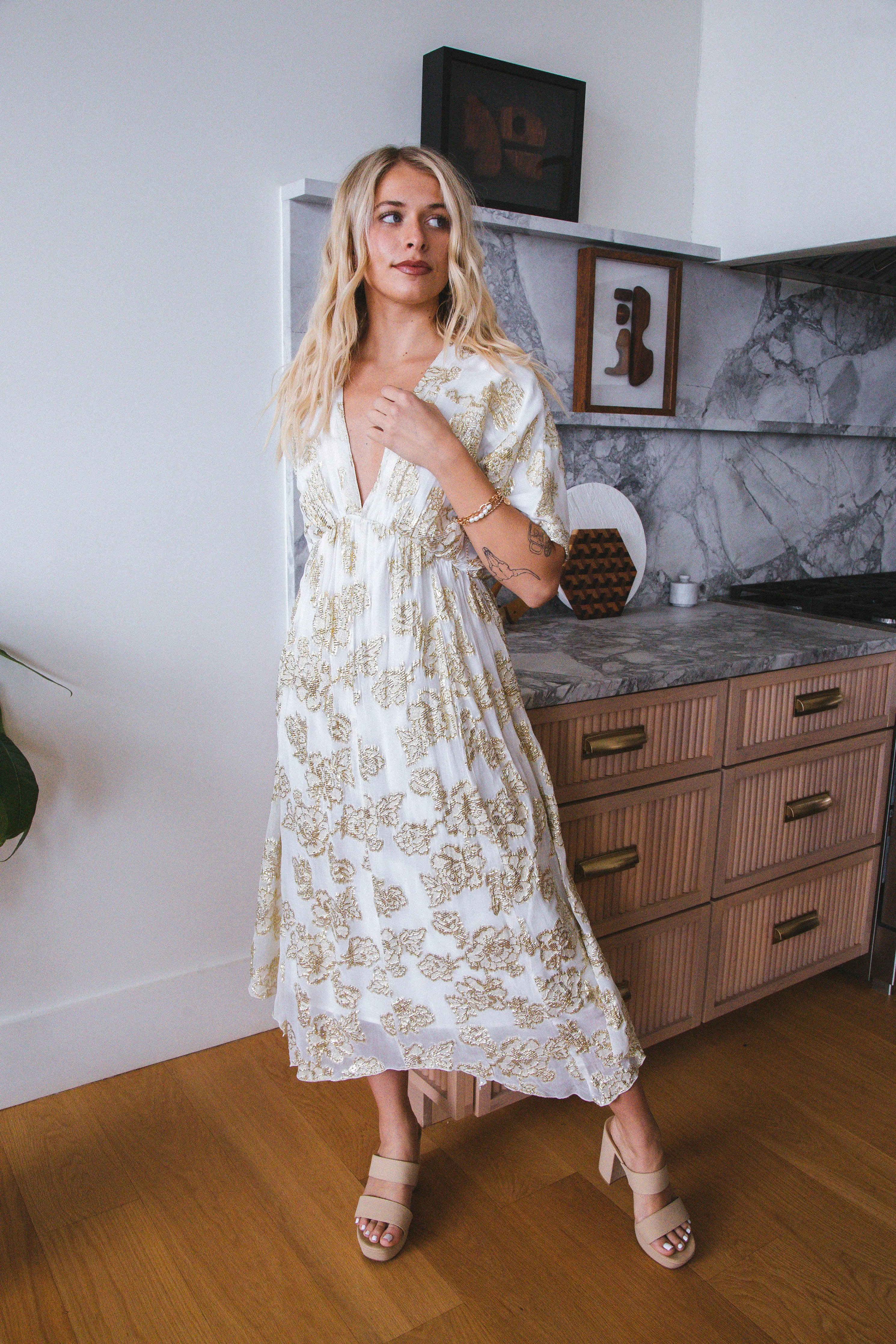 Freya Gold Floral Maxi Dress, White Gold