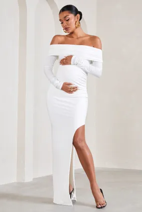 Kaylee | White Ruched Strapless Long-Sleeved Split Maternity Maxi Dress