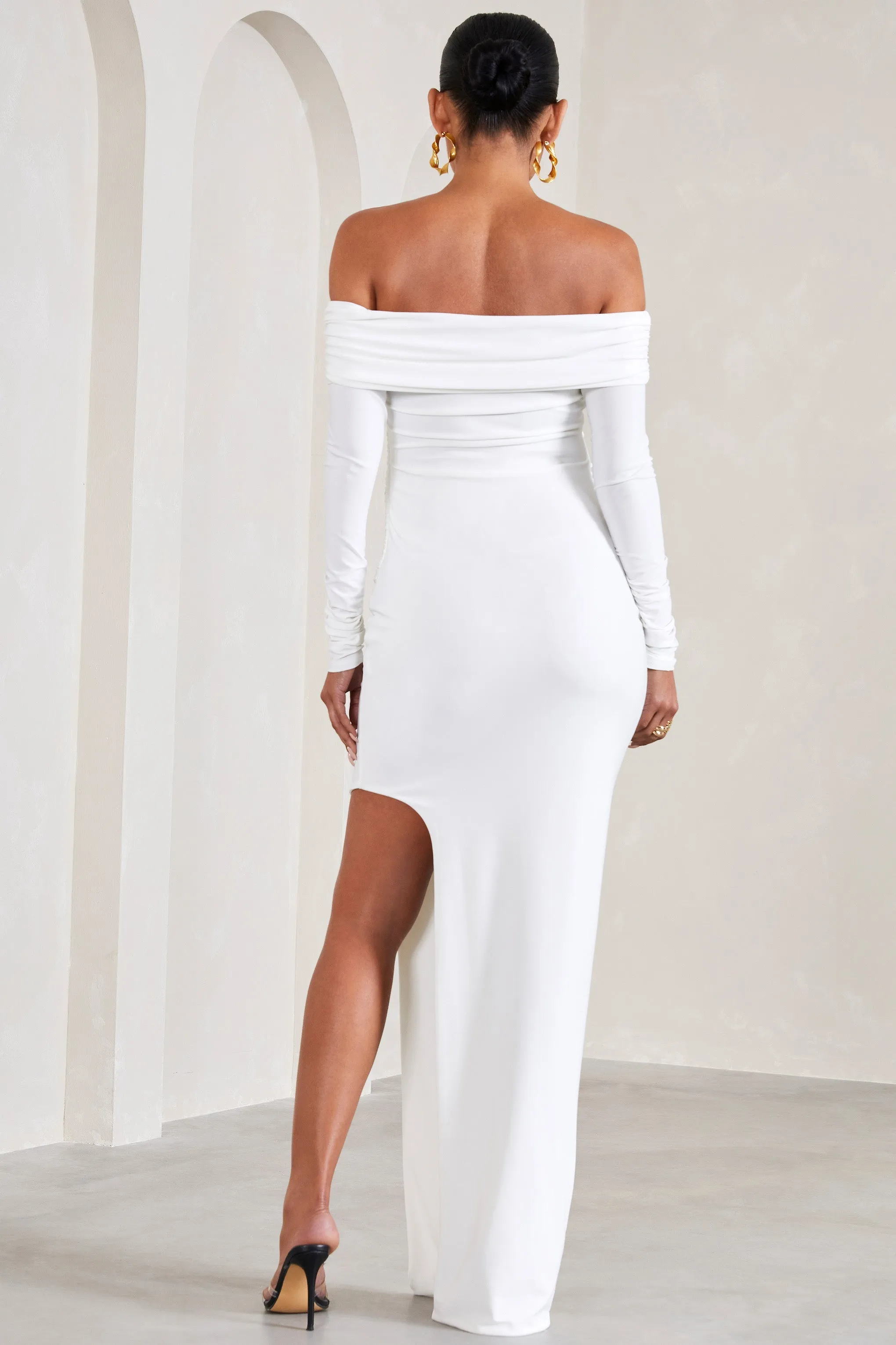 Kaylee | White Ruched Strapless Long-Sleeved Split Maternity Maxi Dress