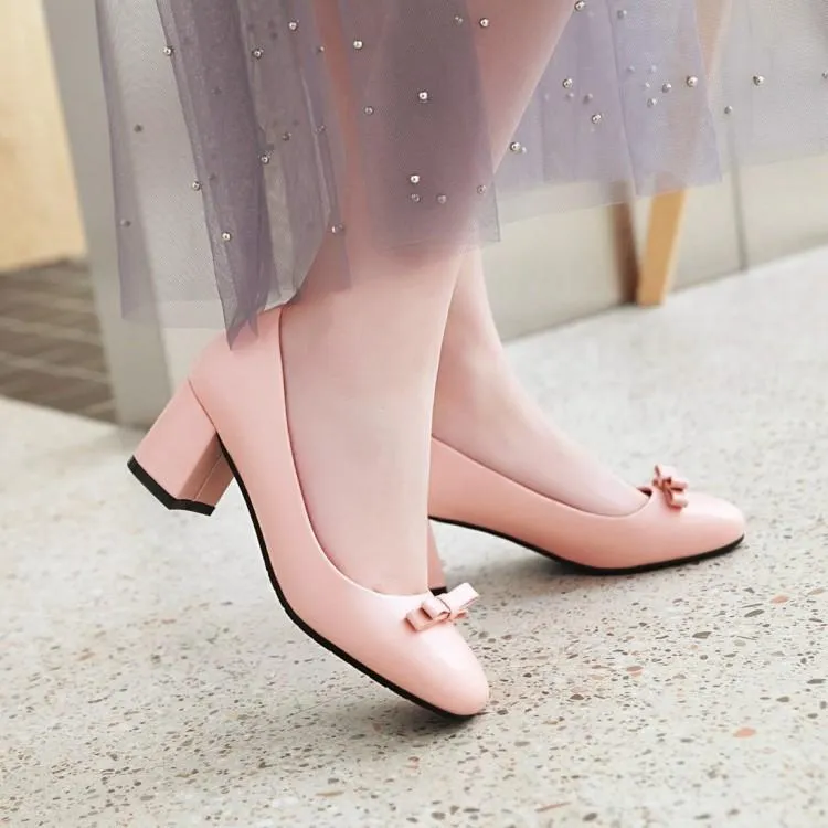 Ladies Sweet Bow Knot Thick Heel Shallow Mouth Square Head Middle Heels Woman Pumps