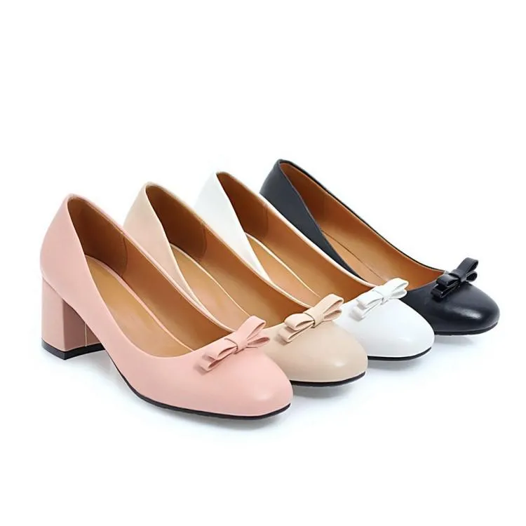 Ladies Sweet Bow Knot Thick Heel Shallow Mouth Square Head Middle Heels Woman Pumps