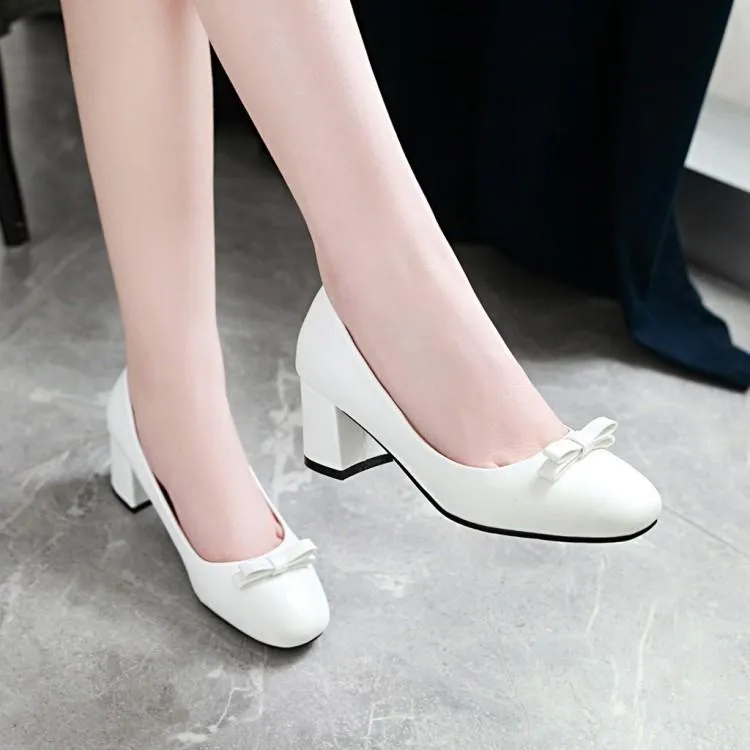 Ladies Sweet Bow Knot Thick Heel Shallow Mouth Square Head Middle Heels Woman Pumps