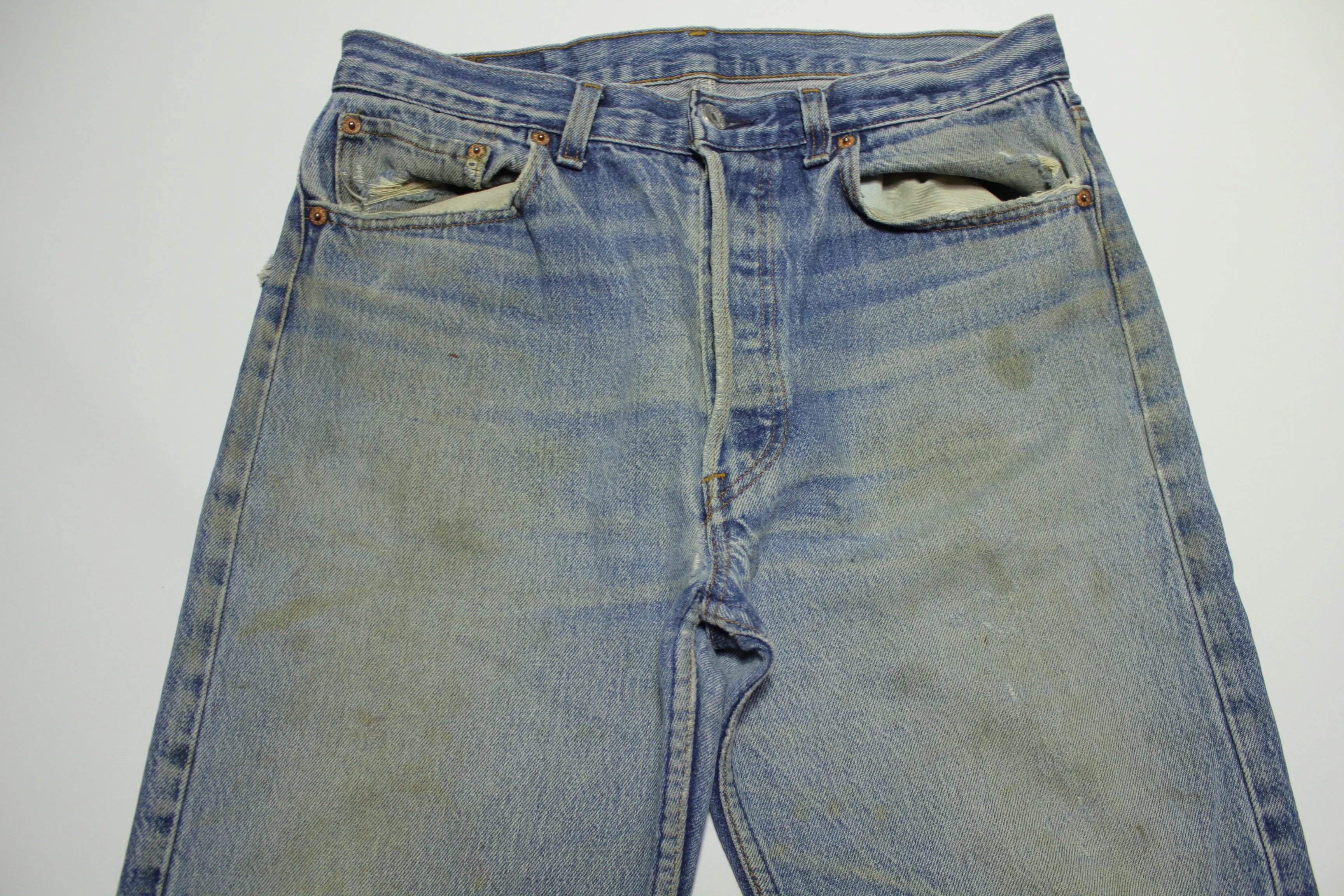 Levis 501 Distressed Button Fly Vintage 80's Denim Grunge Punk Red Tab Blue Jeans