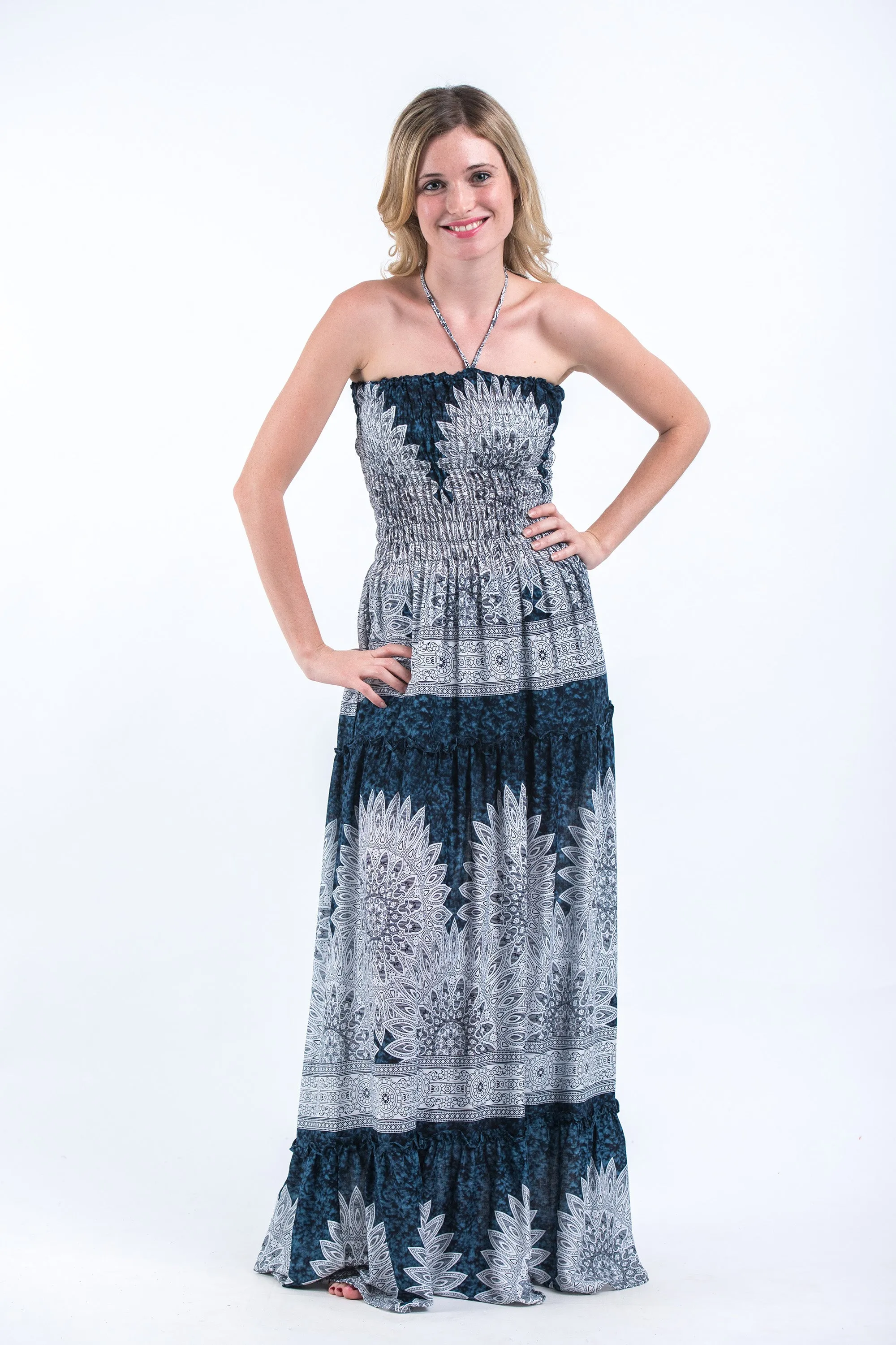 Marble Mandalas Smocked Bandeau Maxi Dress in Indigo