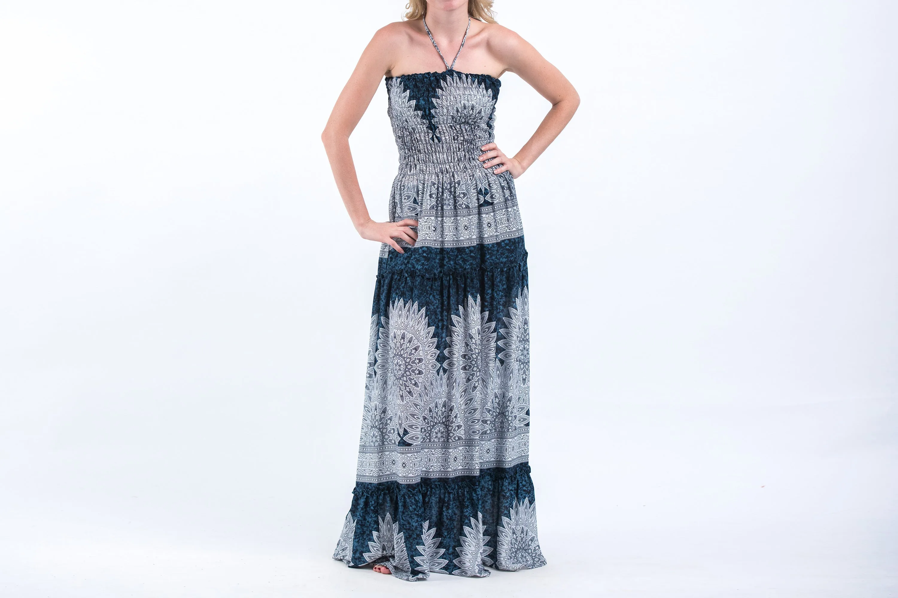 Marble Mandalas Smocked Bandeau Maxi Dress in Indigo