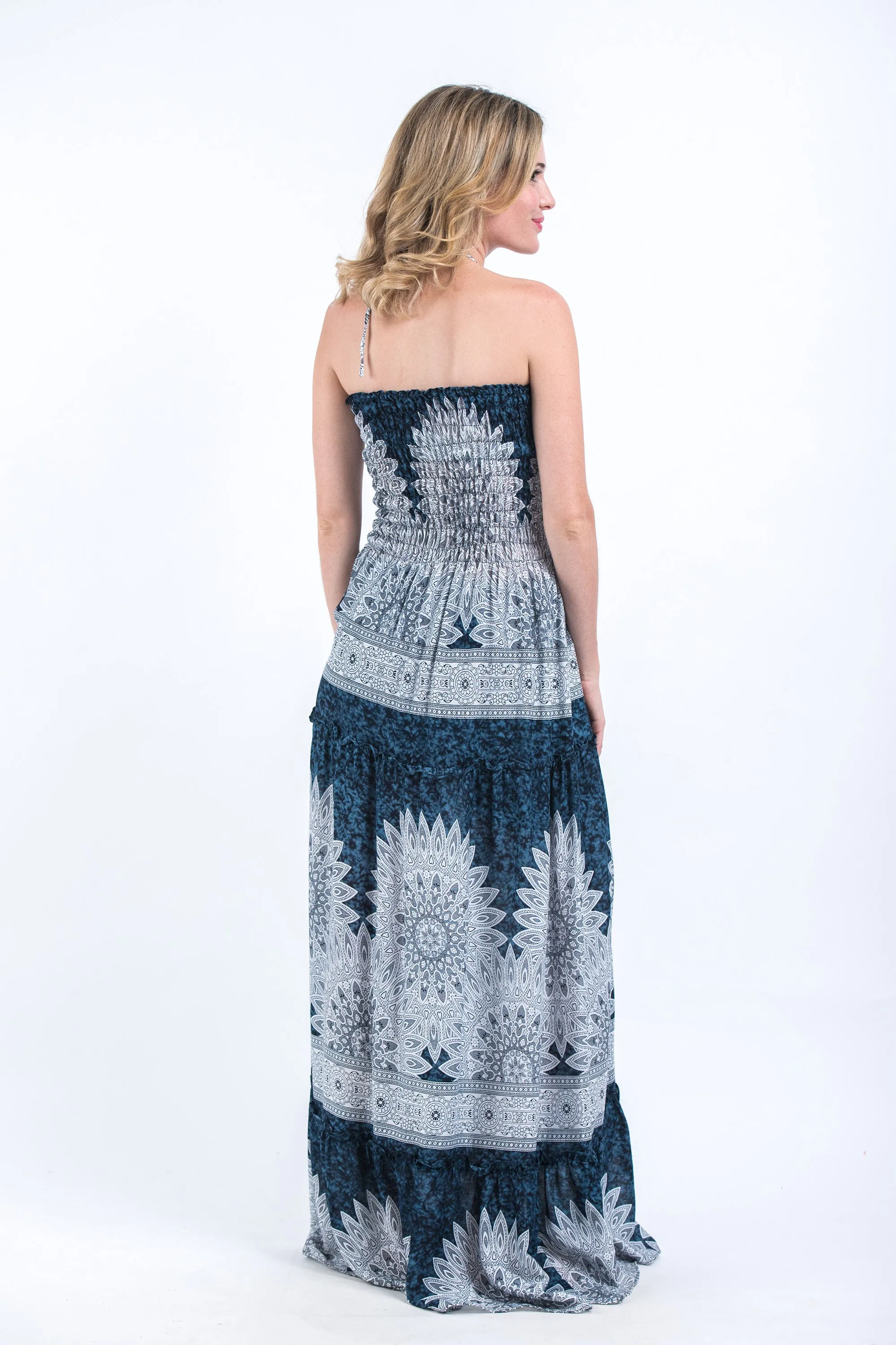 Marble Mandalas Smocked Bandeau Maxi Dress in Indigo